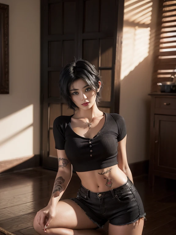 Alone woman Black hair color choker Earrings hoodie Shorts Cafe indoor Detailed Background masterpiece Curvaceous body, precise human body, precise 5-finger, precise High Contrast 4K Exquisite lighting and shadows Cinema Lens Effects Vibrant colors