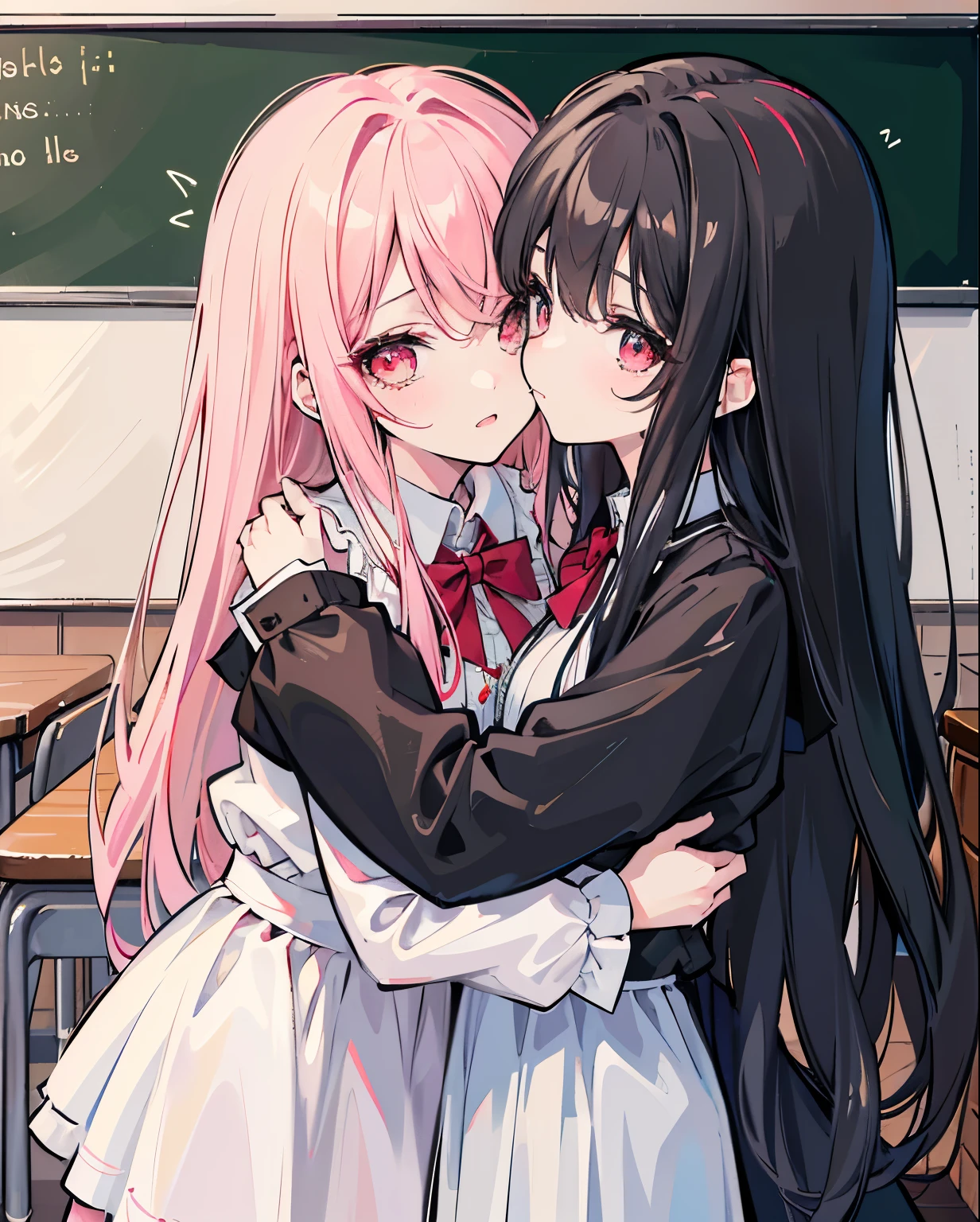 "Draw a picture of two girls, an angelic girl and a devilish girl, around the age of 12, hugging each other while gazing into each other's eyes. The angelic girl is wearing a flowing white dress.
She has a warm and loving expression on her face, with her eyes locked onto the devilish girl'
onth, the she has Sb ack 'hair styled In a wild manner!
The devilish girl is wearing a red and black
She has a soft and
affectionate expression on her face, with her eyes locked onto the angelic girl'
Both girls are standing in a school classroom
There is a blackboard on the wall.
and desks and chairs are lined up
There is a large window with a view of the residential area outside They_are embracing each other tightly, with their foreheads touching and They are kissing passionately. The atmosphere is peaceful and intimate.
" ( (vamanosusume)) (RozenMaiden)
Super realistic!, Photorealistic. by Alfons Maria Mucha by UnrealEngine5, depth of field,