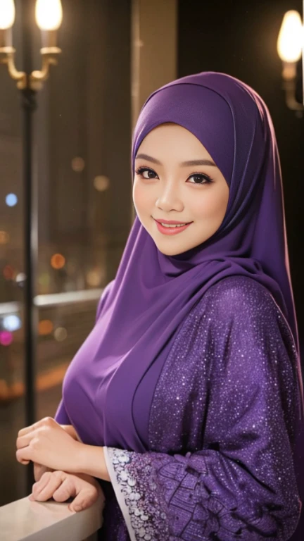 half body view, a malay woman named mira is wearing purple hijab, outdoor, sexy pose, starry sky, firm big round breasts, smile, at night in a malay village, blackout, a single candle light illuminates the room, no interior lighting, dark ambient, masterpiece, 8K, absurdres