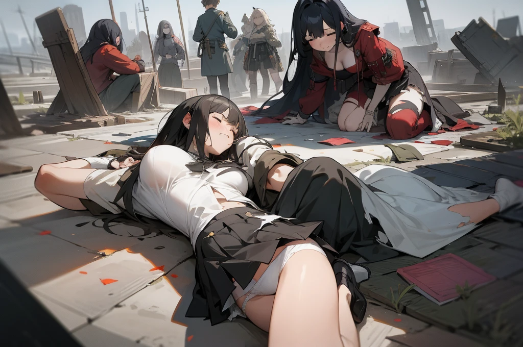 6+ girls, multiple girls, torn clothes, torn skirt, white panties, big breast, closed eyes BREAK pile of corpse, battlefield, wreck