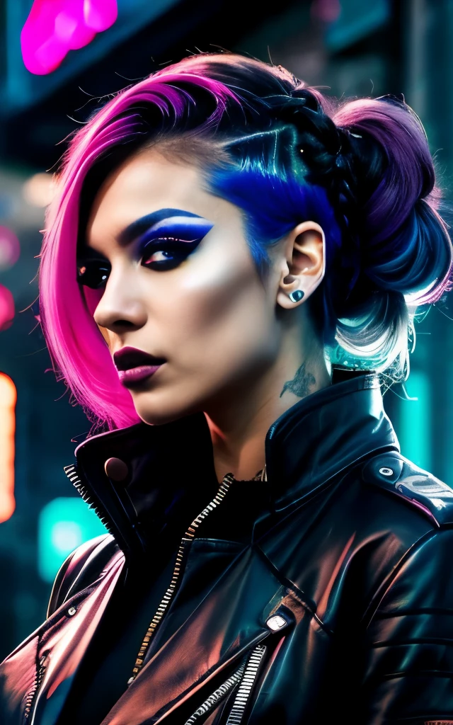 Location - a futuristic, neon-lit cityscape; Attire - edgy cyberpunk-inspired fashion with a mix of leather, neon, and tech accessories, posed against graffiti-covered walls or futuristic cityscapes, showcasing a bold and rebellious vibe. Her appearance is edgy and fierce, with daring makeup—perhaps bold and sharp eyeliner or metallic accents—and unconventional hairstyles, like vividly colored hair or intricate braids. Her clothing features a mix of leather, neon colors, and tech-inspired accessories, creating a bold and rebellious look. Her poses and expressions exude confidence and strength, mirroring the futuristic and gritty ambiance. Large breasts