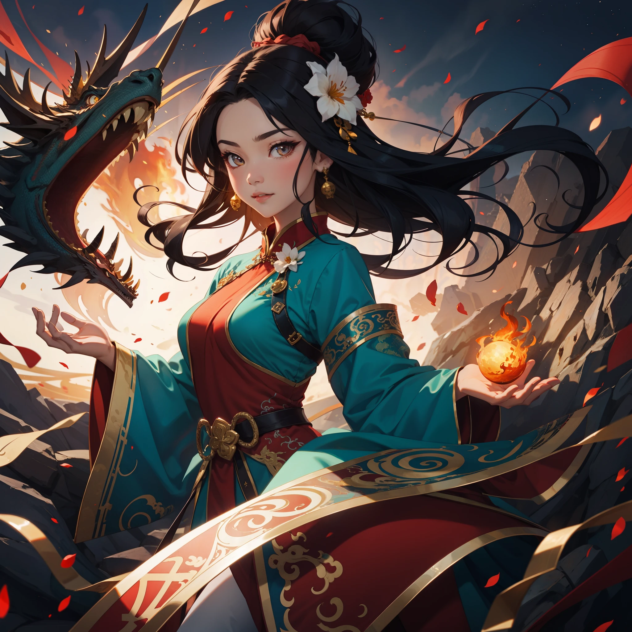 1girl, liuyun, fire ball, long hair, floating hair, hair flower, eastern dragon, red and white, upper body, looking at viewer,