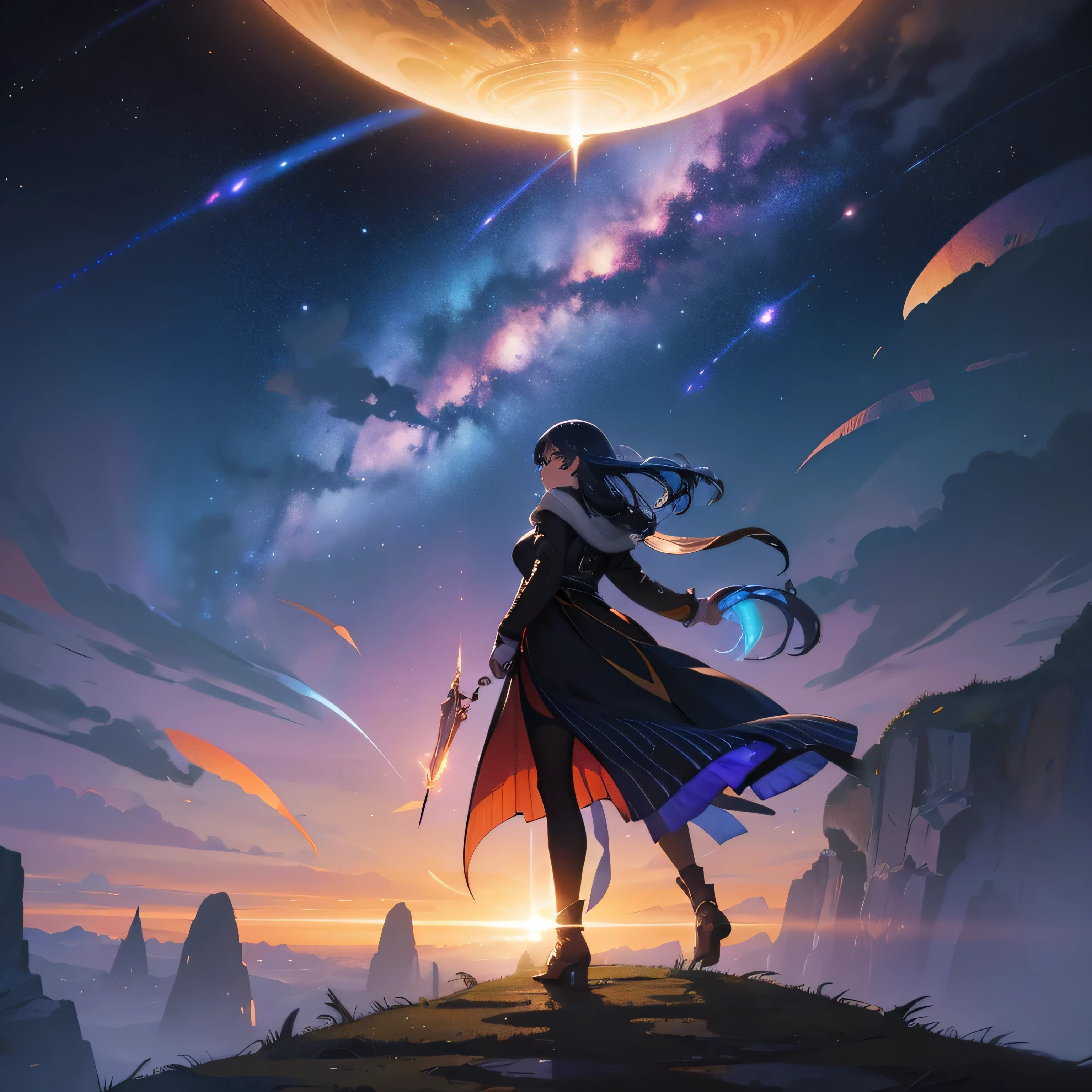 (Best Quality), 4K, Ultra Detailed, (Dynamic Composition: 1.4), Rich Detail, Rich in Color, (Iridescent Colors: 1.2), (Glow, Atmospheric Lighting), Dreamy, Magical, (Solo: 1.2) Vast Landscape Photo, (From below, Sky above, Open Field Below), A Girl Standing on a Field Looking Up, (Milky Way: 1.3), Distant Mountains, Trees BREAK Art, (Warm Light Source: 1.2), (Firefly: 1.2), Lamp,