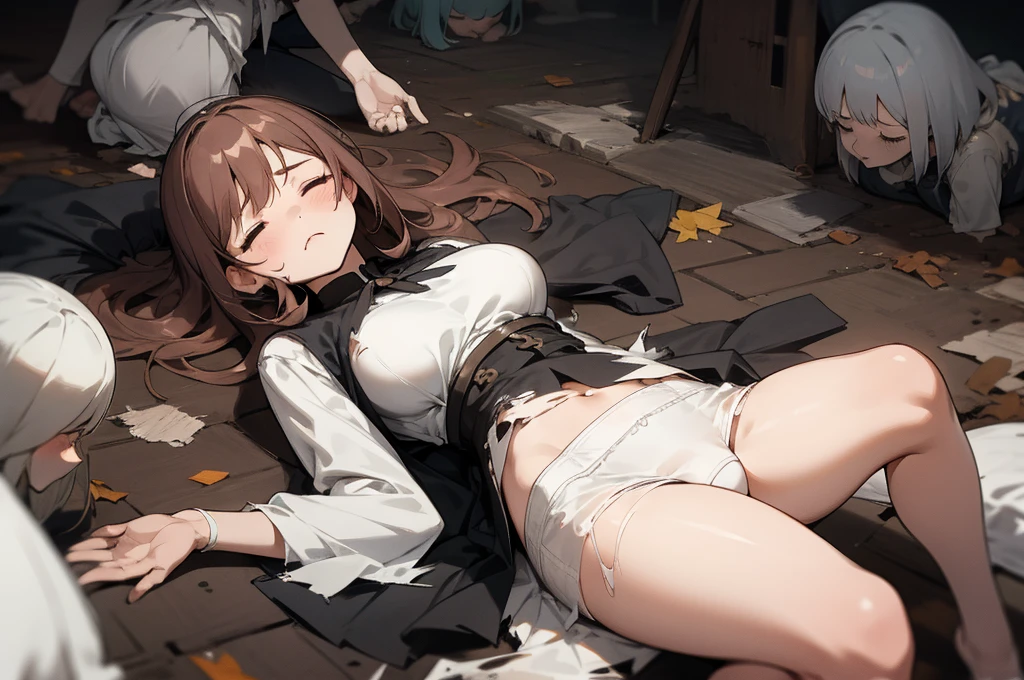 6+ girls, multiple girls, torn clothes, torn skirt, white panties, big breast, closed eyes BREAK pile of corpse