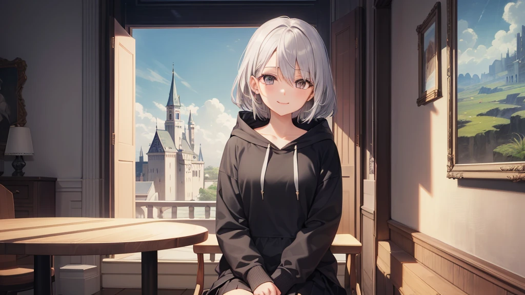 super high quality, girl, 20-year-old, very short hair, long bangs between the eyes, very detailed,(masterpiece、highest quality)、alone、gray hair、white hoodie,black skirt、 silver hair, gray eyes, Fantasy landscapes,Inside the castle、sit on a chair、close、smile