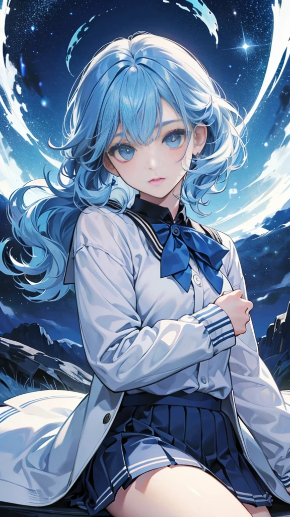 best image quality、highest quality、8K、Upper body、school uniform、thighs、long sleeve、light blue hair、bob hair、beautiful hair、loose perm、blue eyes、night view、starry sky、up