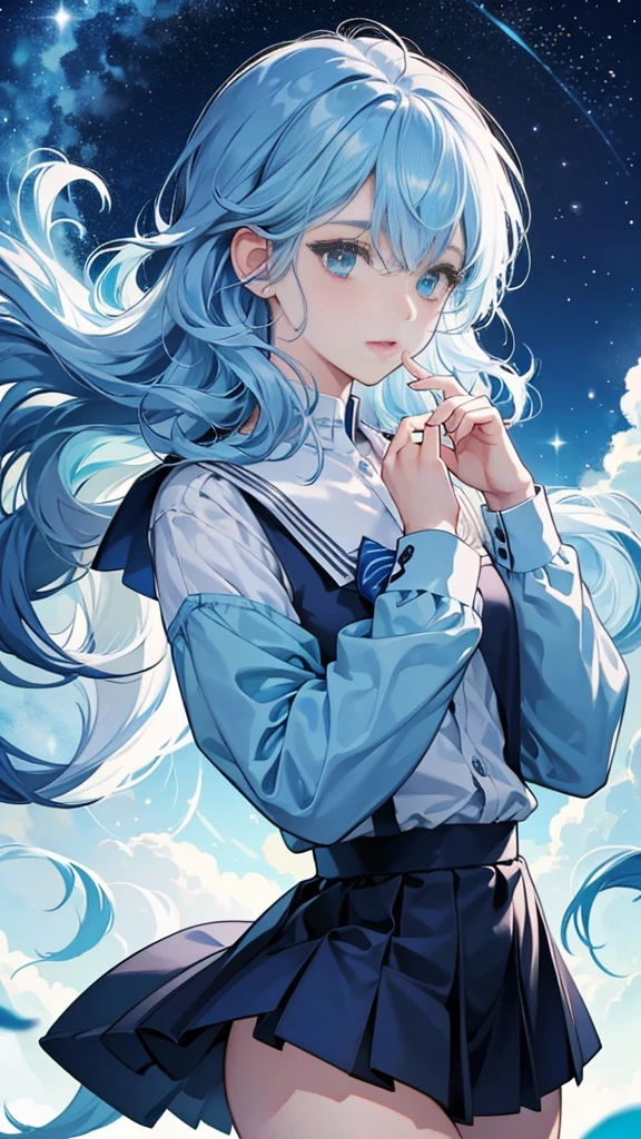 best image quality、highest quality、8K、Upper body、school uniform、thighs、long sleeve、light blue hair、bob hair、beautiful hair、loose perm、blue eyes、night view、starry sky、up
