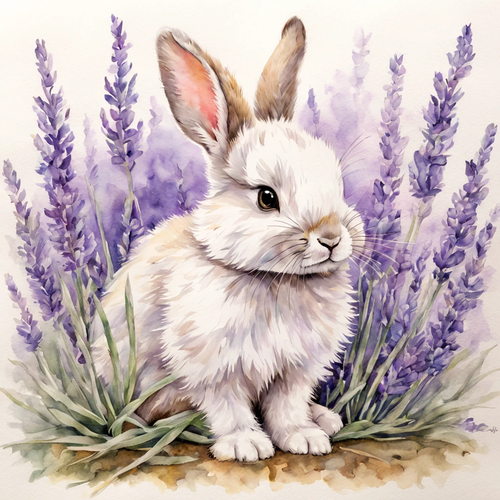 Beautiful cute baby bunny sits in the lavender, beautiful, baroque, ultra realistic, realistic watercolor+pencil, high octane, sharp