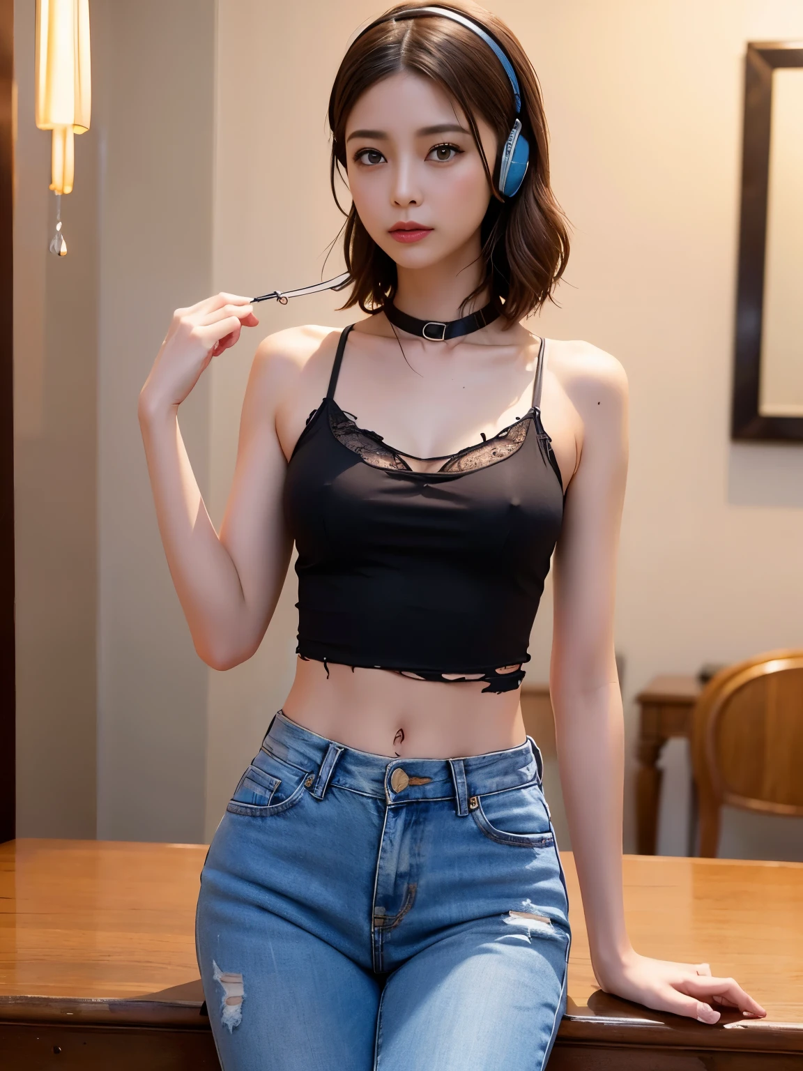 ((Medium chest, Soft Girl,)), (chiseled abs: 1.1), (perfect body: 1.1), (medium hair: 1.2), 赤茶colorの髪, headphones, hard nipples, View bras, collar, Lock, full body shot, crowded street, wearing a tank top, Jeans, (torn clothes:1.3)((Highly detailed CG 8k wallpaper), (an extremely delicate and beautiful one), (table top), (highest quality: 1.0), (ultra High resolution:1.0),  beautiful lighting, perfect lighting, realistic shadow, [High resolution], fine skin, super detailed (((color)))), very realistic,