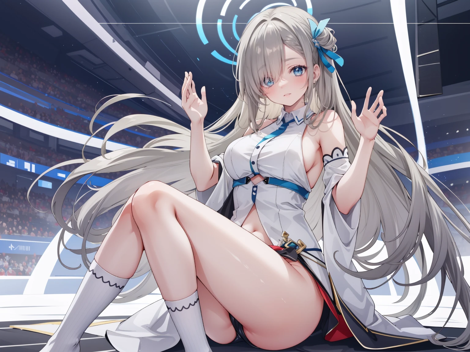 (high resolution), (The best resources), (high quality), (masterpiece), 1 plump girl, Asuna, blue eyes, long gray hair, halo, hair covering one eye, very long hair, light brown hair, (, Cracked Contrast Glue High Socks, Red latex, praying hands logo, looking at the audience, 8K HD RTX, Delicate finger detailing,Obscenity exposed，slim figure，Smile