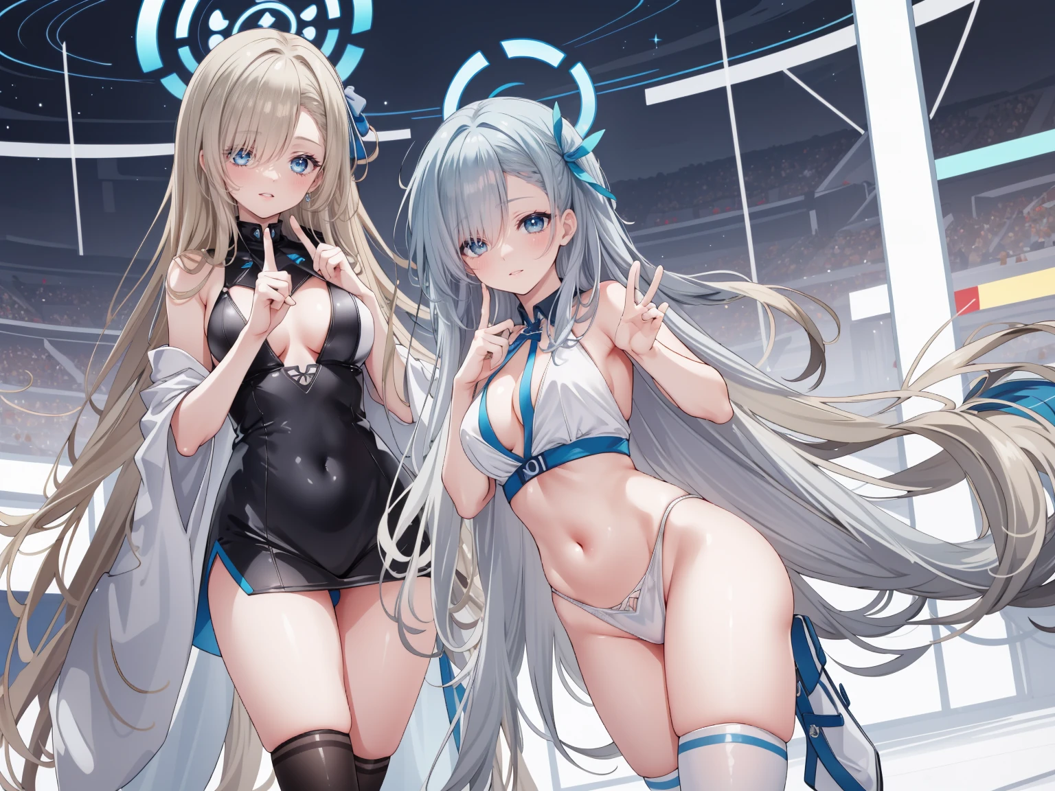 (high resolution), (The best resources), (high quality), (masterpiece), 1 plump girl, Asuna, blue eyes, long gray hair, halo, hair covering one eye, very long hair, light brown hair, (, Cracked Contrast Glue High Socks, Red latex, praying hands logo, looking at the audience, 8K HD RTX, Delicate finger detailing,Obscenity exposed,slim figure,Smile