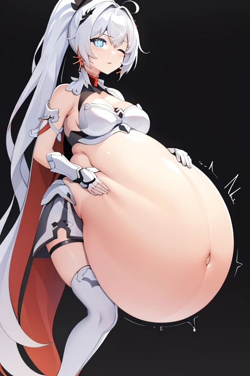 hof, 1girl, kiana kaslana, solo, small breasts, medium breasts, blue eyes, gauntlets, white hair, cleavage, jewelry, ponytail, earrings, bare shoulders, closed mouth, bangs, simple background, hair ornament, looking at viewer, hair between eyes, torn cape, armor, antenna hair, thigh boots, white thighhighs, black gloves, boots, white footwear, big belly, huge belly, vore, big belly, (big belly:1.7), (large belly:1.7), large belly, huge large belly, hermoso, obra maestra, mejor calidad, cara extremadamente detallada, perfect ilumination, hyper pregnant, (hyper pregnat:1.6), 1girl, solamente, (manos perfectas, Perfect anatomy), Masterpiece 8k, (belly con forma humana:1.3) , one eyes close , sonrojo, muslos anchos, caderas anchas, boca abajo, acostada, acostada sobre barriga, hermoso, obra maestra, mejor calidad, cara extremadamente detallada, perfect ilumination, 1girl, solamente, (manos perfectas, Perfect anatomy), Masterpiece, 8k, , cara detallada, (cara detallada;1.4), sonrojo, sonrisa, manos perfectas, sexy, NSFW