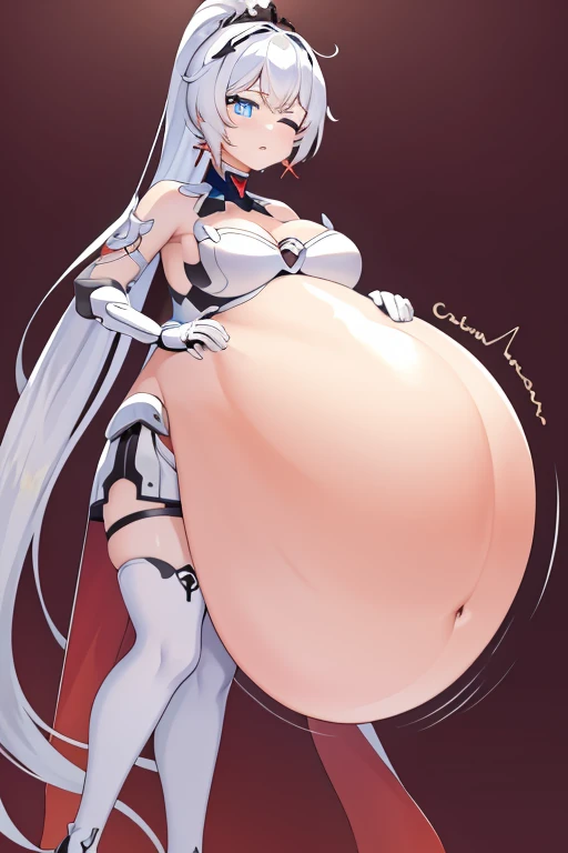 hof, 1girl, kiana kaslana, solo, small breasts, medium breasts, blue eyes, gauntlets, white hair, cleavage, jewelry, ponytail, earrings, bare shoulders, closed mouth, bangs, simple background, hair ornament, looking at viewer, hair between eyes, torn cape, armor, antenna hair, thigh boots, white thighhighs, black gloves, boots, white footwear, big belly, huge belly, vore, big belly, (big belly:1.7), (large belly:1.7), large belly, huge large belly, hermoso, obra maestra, mejor calidad, cara extremadamente detallada, perfect ilumination, hyper pregnant, (hyper pregnat:1.6), 1girl, solamente, (manos perfectas, Perfect anatomy), Masterpiece 8k, (belly con forma humana:1.3) , one eyes close , sonrojo, muslos anchos, caderas anchas, boca abajo, acostada, acostada sobre barriga, hermoso, obra maestra, mejor calidad, cara extremadamente detallada, perfect ilumination, 1girl, solamente, (manos perfectas, Perfect anatomy), Masterpiece, 8k, , cara detallada, (cara detallada;1.4), sonrojo, sonrisa, manos perfectas, sexy, NSFW