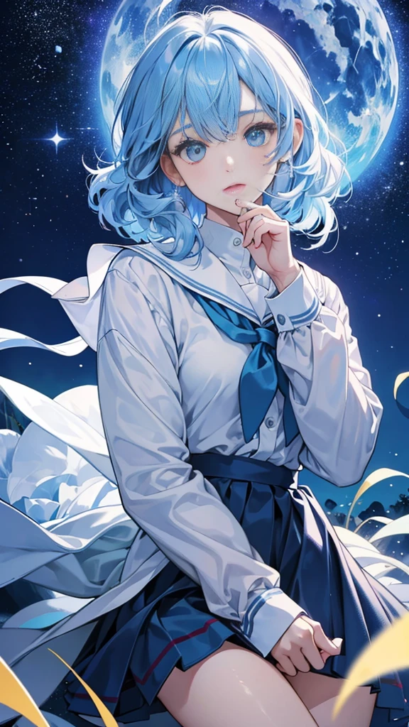best image quality、highest quality、8K、Upper body、school uniform、thighs、long sleeve、light blue hair、bob hair、beautiful hair、loose perm、blue eyes、night view、starry sky、up
