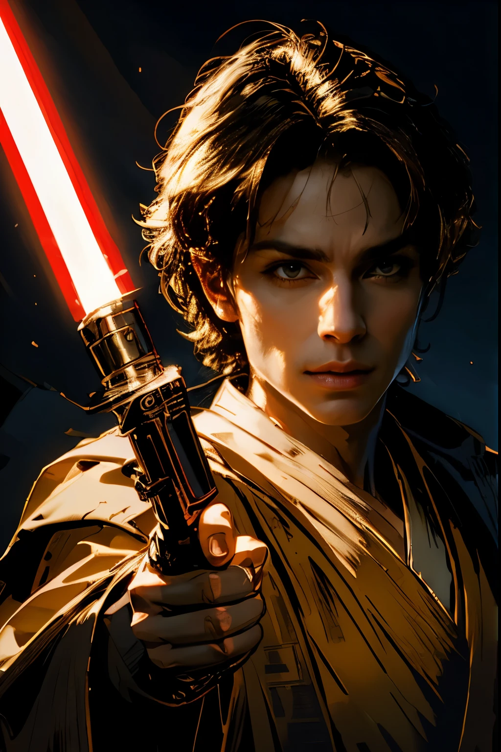 "(best quality,highres),sexy male jedi knight,beautiful detailed eyes,long eyelashes light tan robe, holding a red lightsaber, portraits,star wars background,vivid colors,studio lighting"