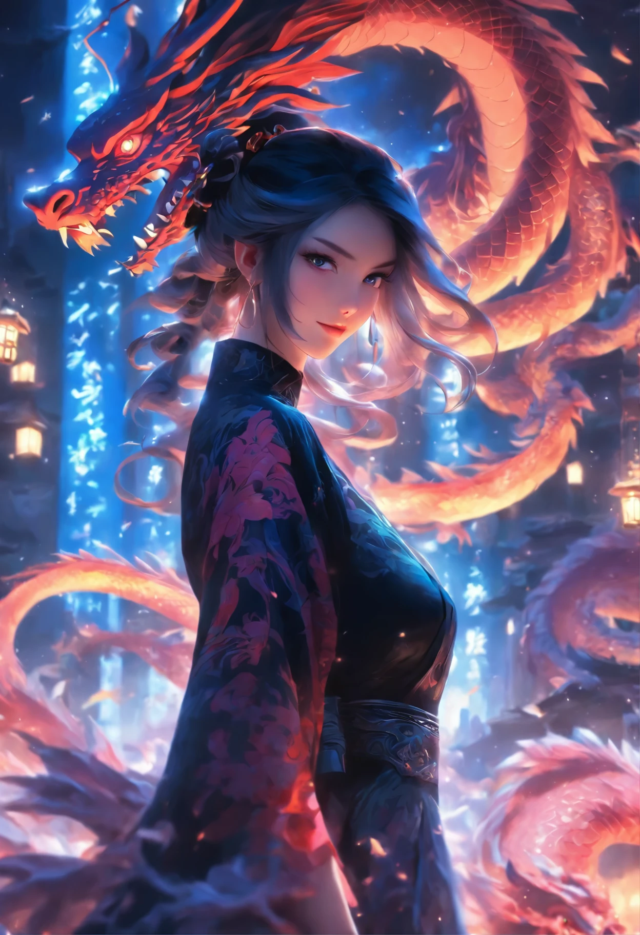 arafed woman in a black dress with a dragon on her shoulder,fantasy art style,chinese fantasy,a beautiful fantasy empress,2. 5 d cgi anime fantasy artwork,by Yang J,alice x. zhang,beautiful digital artwork,beautiful character painting,digital fantasy art ),epic fantasy art style hd,epic fantasy digital art style,8k high quality detailed art,photo_unp,better_clevage,photo_unp,