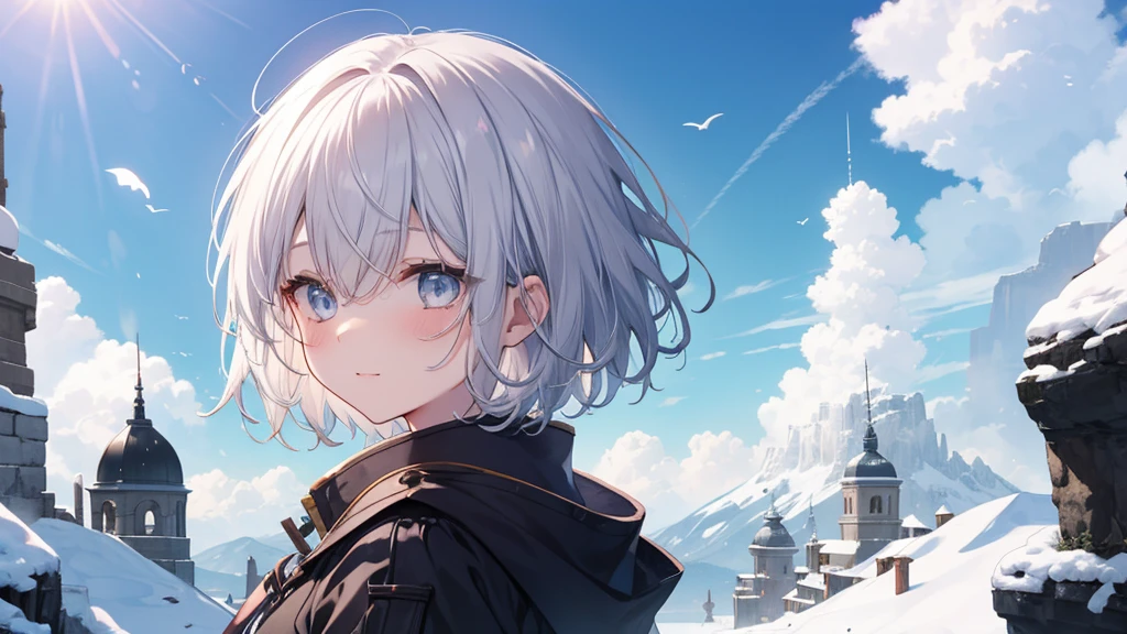 super high quality, girl, 20-year-old, とてもshort hair, long bangs between the eyes, very detailed,(masterpiece、highest quality)、alone、gray hair、laughter、White skin as clear as snow、fantasy, silver hair, gray eyes, beautiful eyes,、short hair,blue sky , sunlight,fantasyな風景,