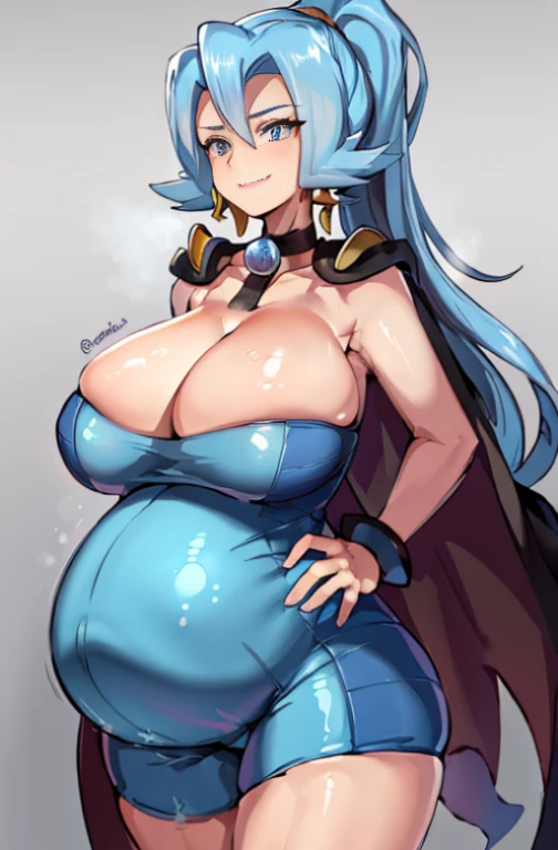 (masterpiece, best quality:1.2),1girl, solo, clair, pokemon, long hair, blue eyes, huge breasts, blue hair, high ponytail, smile, cleavage, hair between eyes, skin tight, blue bodysuit, choker, cape, hand on hip, covered navel, thigh gap, simple background, white background, big belly, huge belly, vore, big belly, (big belly:1.10), (large belly:1.10), large belly, huge large belly, hermoso, obra maestra, mejor calidad, cara extremadamente detallada, perfect ilumination, hyper pregnant, (hyper pregnat:1.8), 1girl, solamente, (manos perfectas, Perfect anatomy), Masterpiece 8k, (belly con forma humana:1.3) , one eyes close , sonrojo, muslos anchos, caderas anchas, boca abajo, acostada, acostada sobre barriga, hermoso, obra maestra, mejor calidad, cara extremadamente detallada, perfect ilumination, 1girl, solamente, (manos perfectas, Perfect anatomy), Masterpiece, 8k, , cara detallada, (cara detallada;1.4), sonrojo, sonrisa, manos perfectas