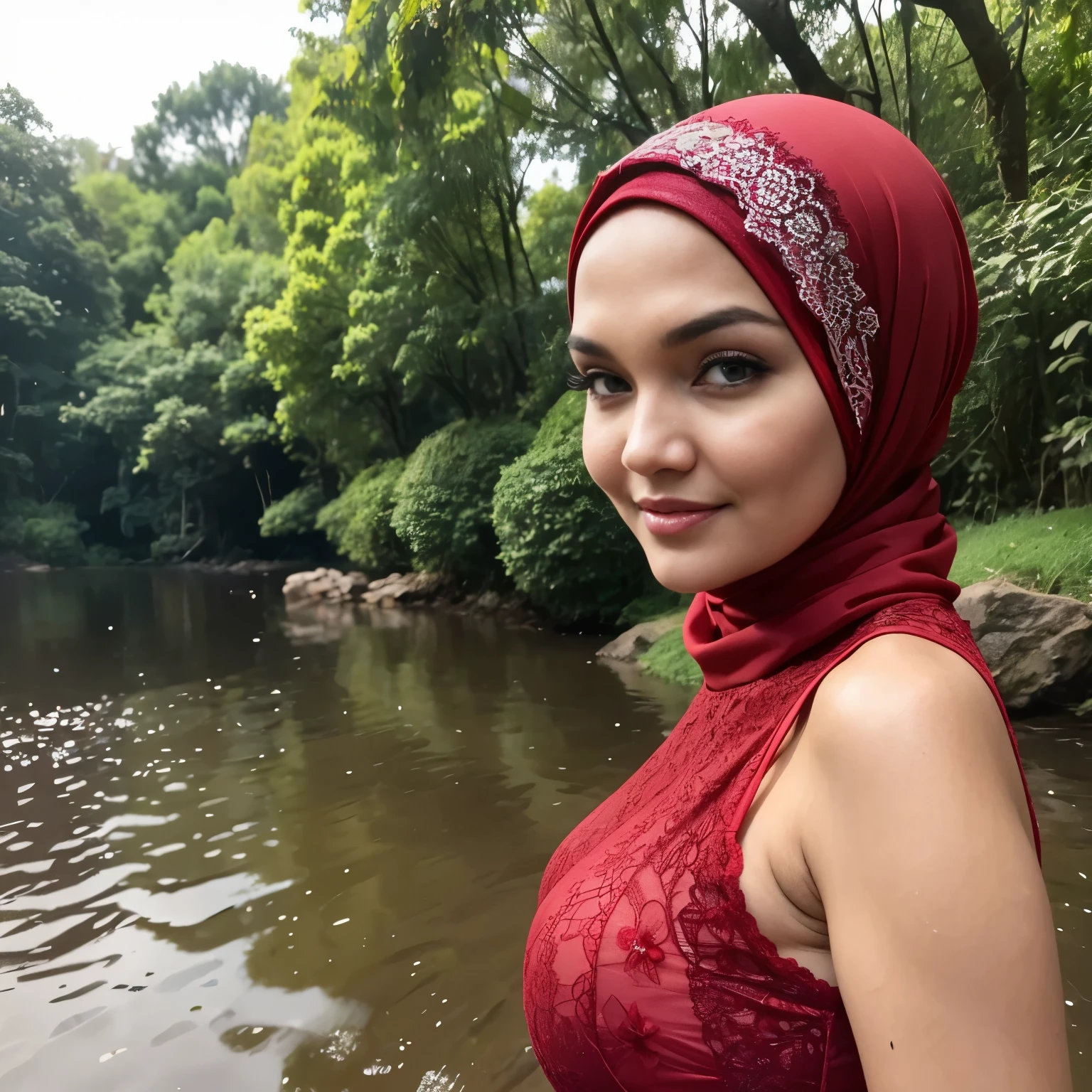 (Red Dark Hijab) Siti Nurhaliza 55-Years-Old, (lace TANK top at river)