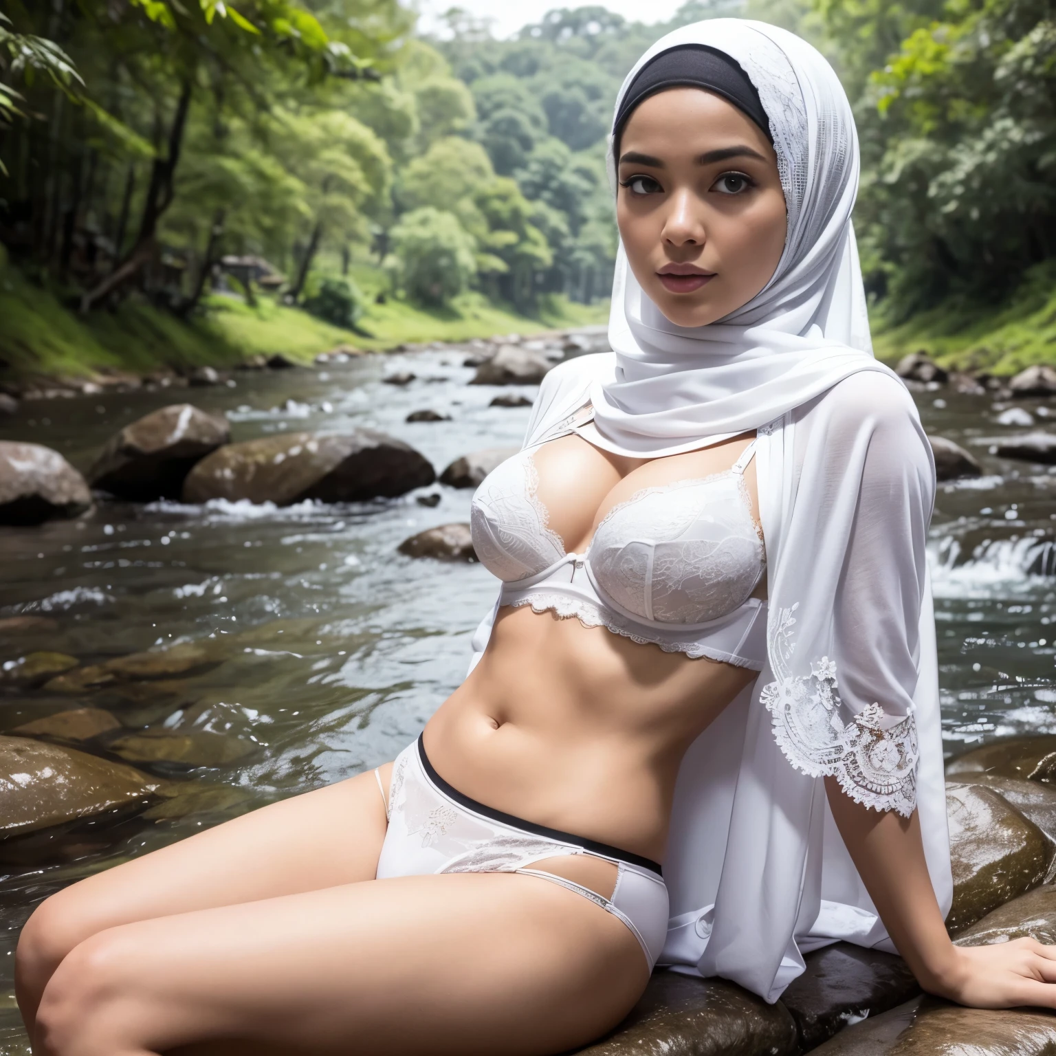 (White Dark Hijab), Nabila Razali (Lace Bra & Panties at river)