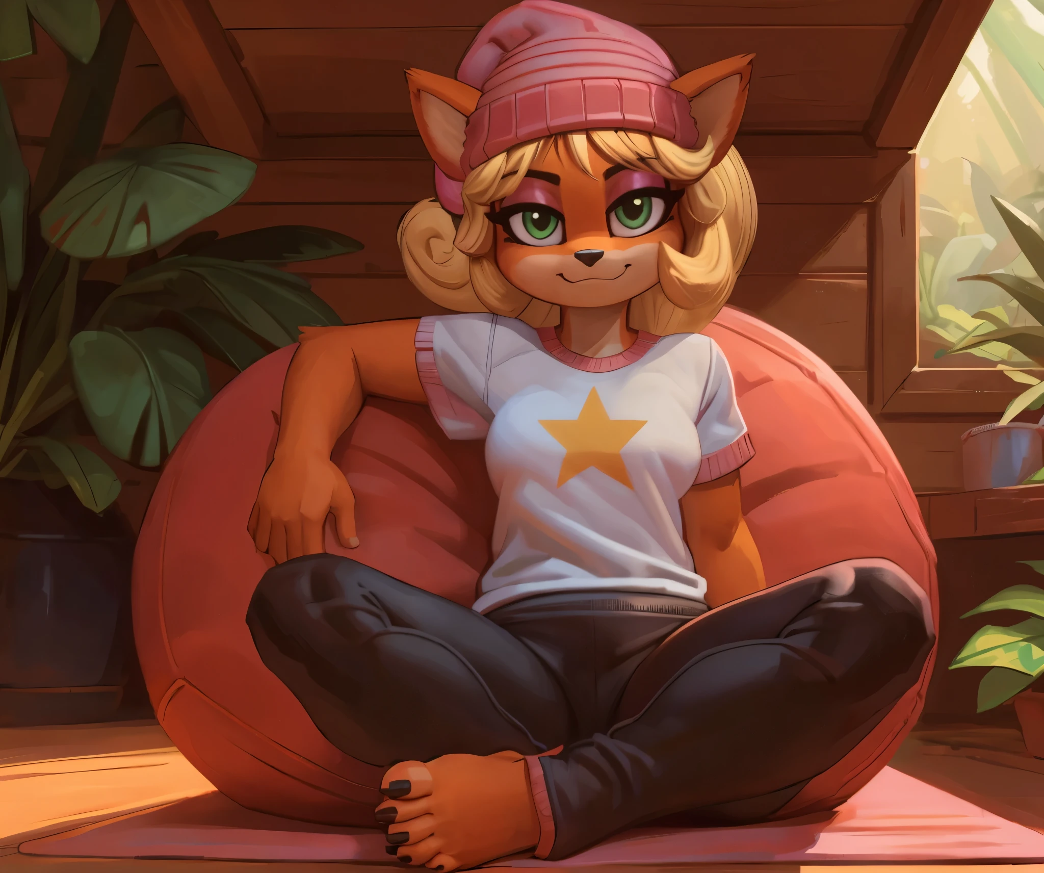 [Coco bandicoot], [Uploaded to e621.net; (Pixelsketcher), (wamudraws)], ((masterpiece)), ((HD)), ((solo portrait)), ((full body)), ((front view)), ((feet visible)), ((furry; anthro)), ((detailed fur)), ((detailed shading)), ((beautiful render art)), ((intricate details)), {anthro; orange fur, black nose, (cute green eyes), (short eyelashes), (pink eyeshadow), (long blonde curly hair), (sharp black nails), (curvy hips), (beautiful legs), (beautiful feet), (humanoid feet), (blushing), (cute smirk), (calm expression)}, {(white tee shirt), (yellow star printed on shirt), (tight pink yoga pants), (pink beanie)}, {(sitting on beanbag), (crossed legs), (looking at viewer)}, [background; (tropical forest), (tree house), (window), (blue sky), (sun rays)]


