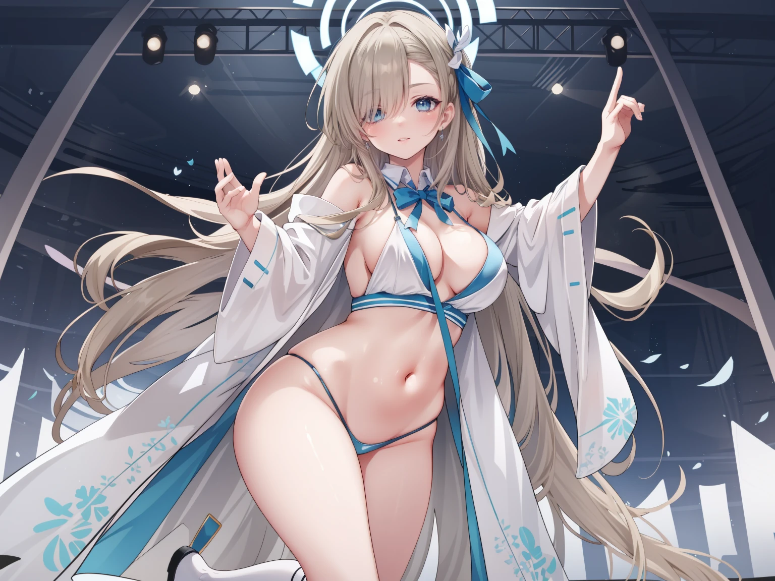 (high resolution), (The best resources), (high quality), (masterpiece), 1 plump girl, Asuna, blue eyes, long gray hair, halo, hair covering one eye, very long hair, light brown hair, (, Cracked Contrast Glue High Socks, Red latex, praying hands logo, looking at the audience, 8K HD RTX, Delicate finger detailing,Obscenity exposed,slim figure,Smile