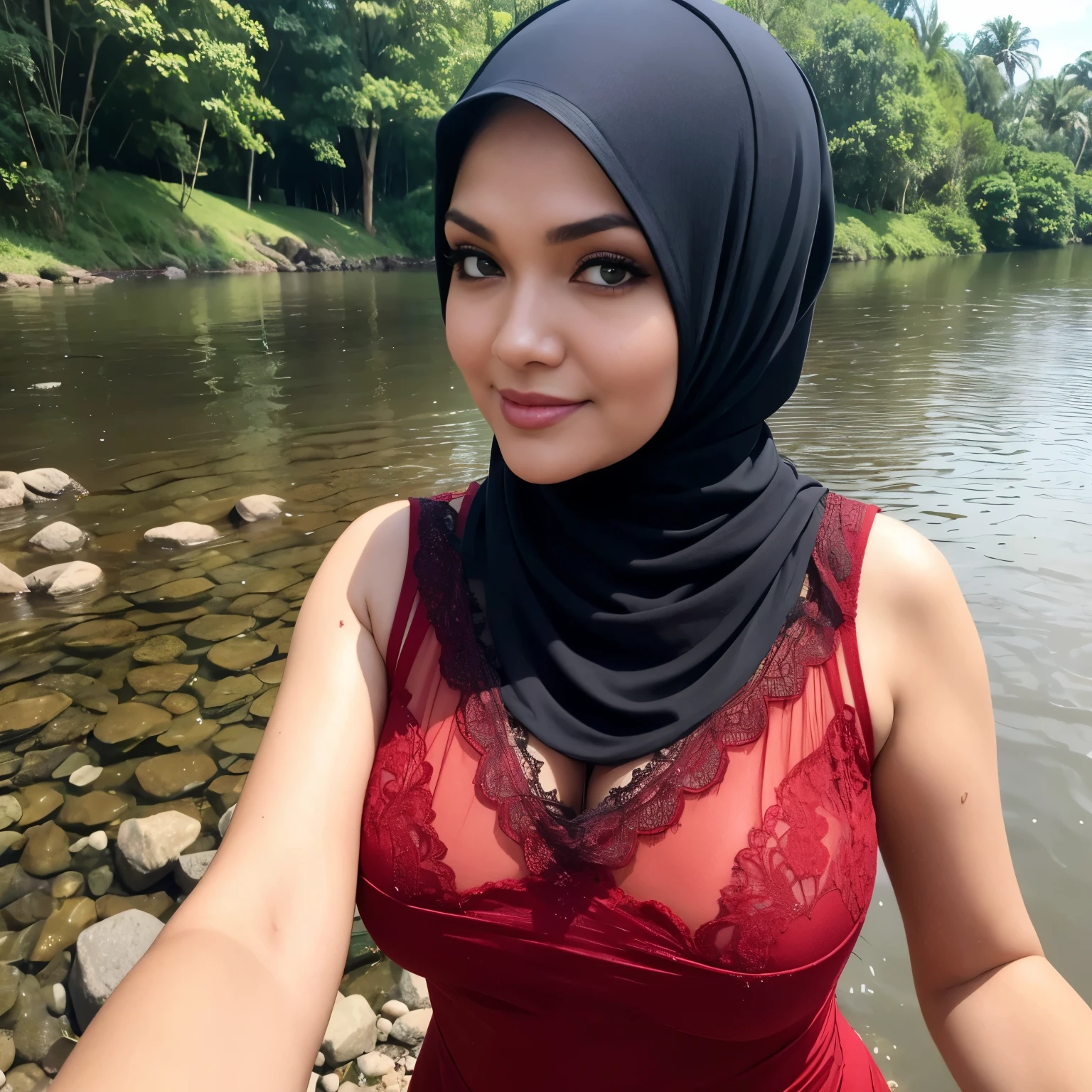 (Red Dark Hijab) Siti Nurhaliza 55-Years-Old, (lace TANK top at river)