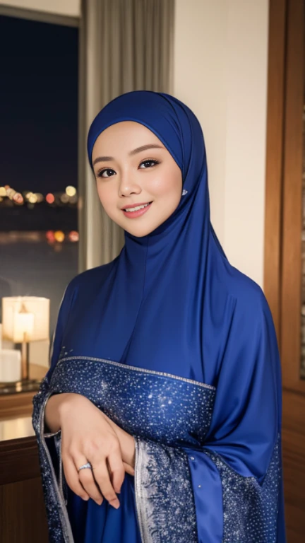 half body view, a malay woman named mira is wearing blue hijab, outdoor, sexy pose, starry sky, firm big round breasts, smile, at night in a malay village, blackout, a single candle light illuminates the room, no interior lighting, dark ambient, masterpiece, 8K, absurdres