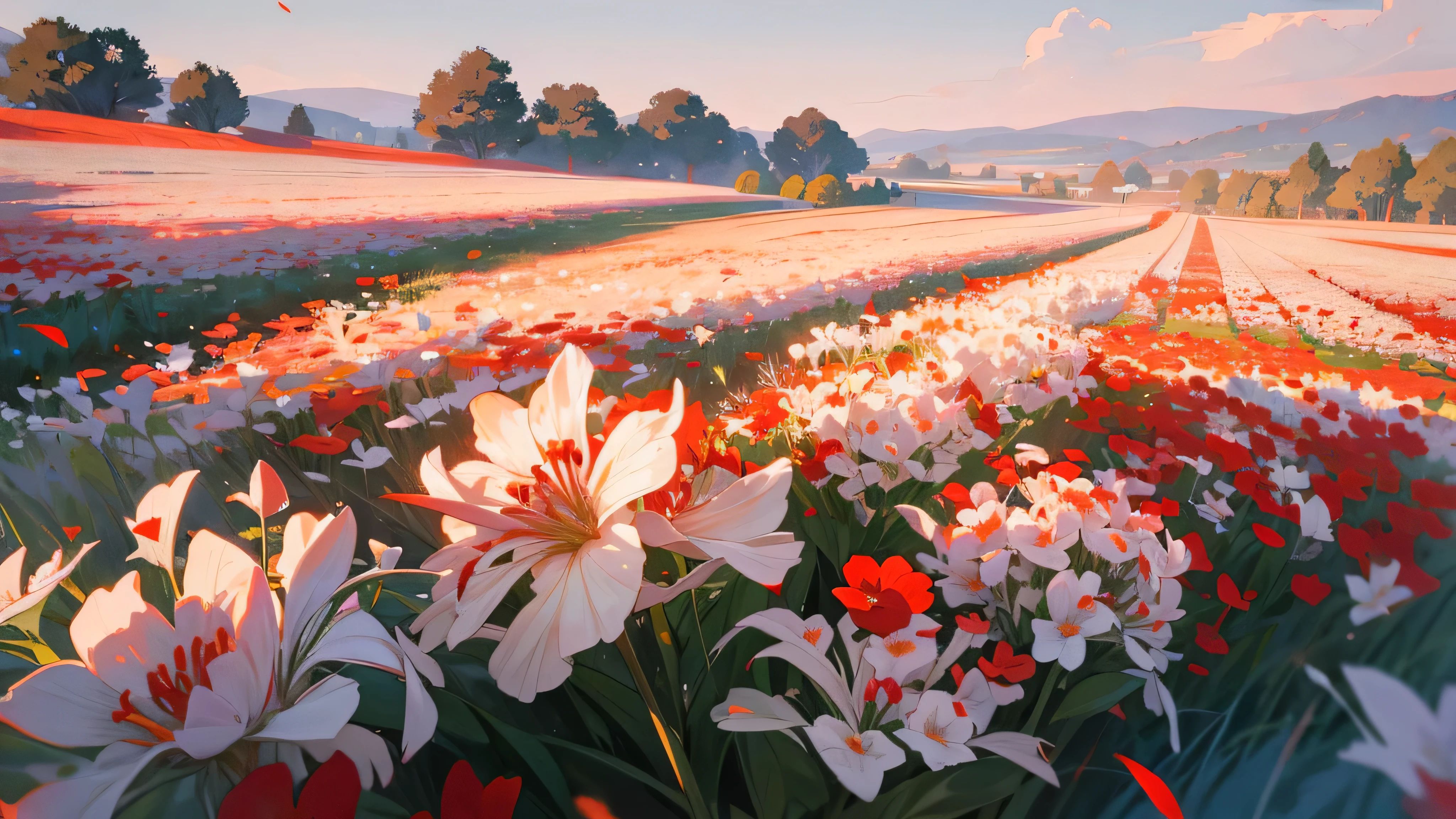 dusk,Sky,universe,flower field,Sea of flowerireworks,summer festival,Natural light,quiet afternoon,red and white flowerlowers,Various flowers