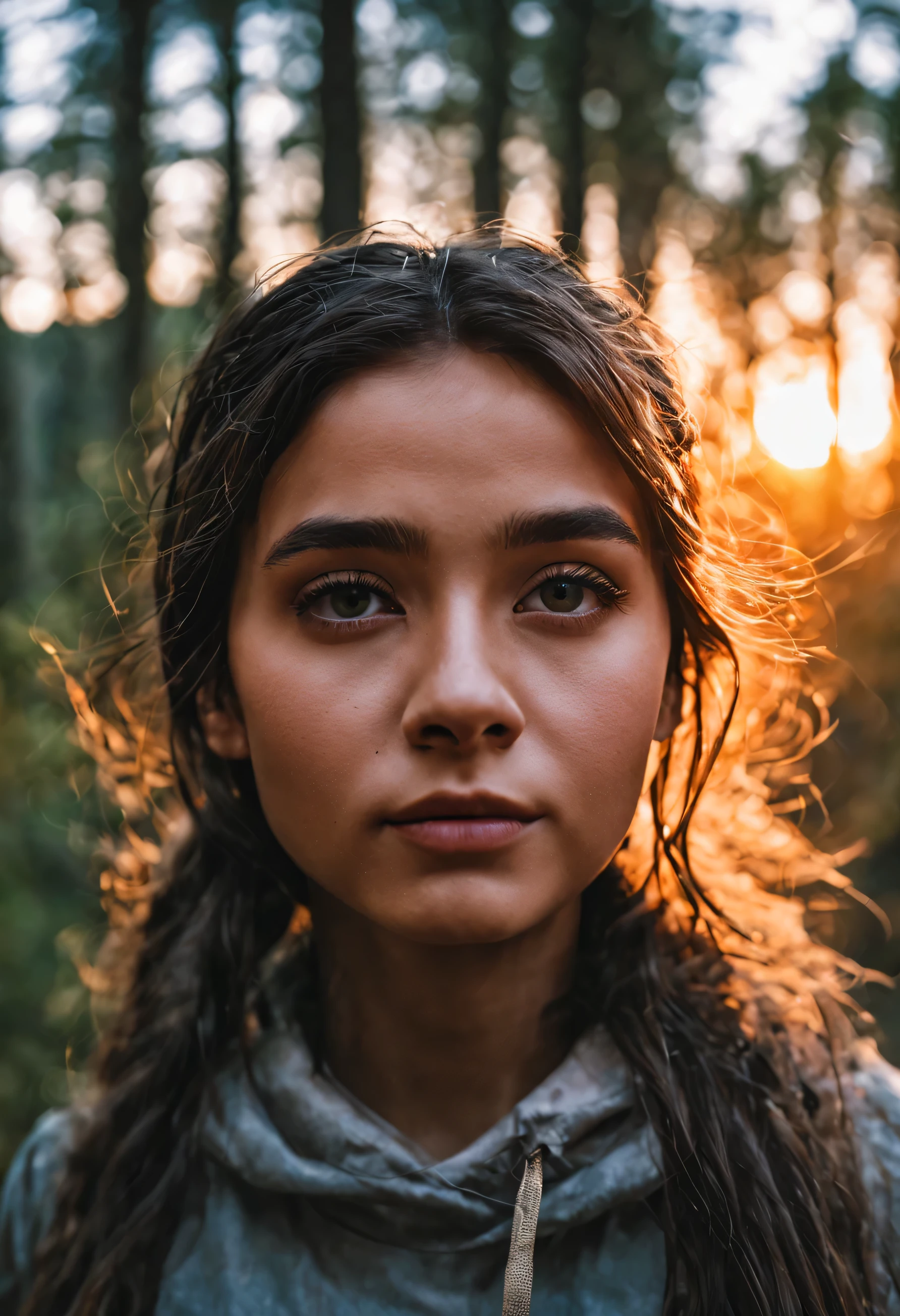 a close up of face of a girl in the forest with a backdrop of serene and beautiful scenery. there is a sunset in the back as well