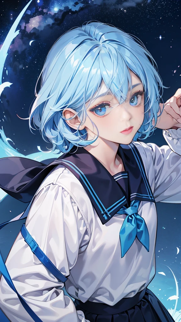 best image quality、highest quality、8K、Upper body、school uniform、thighs、long sleeve、light blue hair、bob hair、beautiful hair、blue eyes、night view、starry sky、up、beautiful eyes