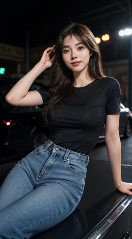 10, Masterpiece, RAW image, best quality, photorealistic, extremely detailed cg unity 8k wallpaper, depth of field, movie theater light, lens flare, Ray tracing, (very beautiful face..... , beautiful lips, beautiful eyes), complex facial details, ((ultra-detailed skin)) 1 girl, in the dark, deep shadow, beautiful girl, (The body is very slender. :1.3), ((looking at the audience)),(Big smile:1.3), Clear eyes, front shot, (pale skin), (Look very far ahead. , (upper body shot), (Brown cooked for the audience.......:1.3), Very thin, Medium bust, thick thighs, Sphincter stockings, city scenery,(Random clothes: t-shirt,jeans, Short legs, Long legs), (Random environment,road,Car,nighttime,), (environment,USA)