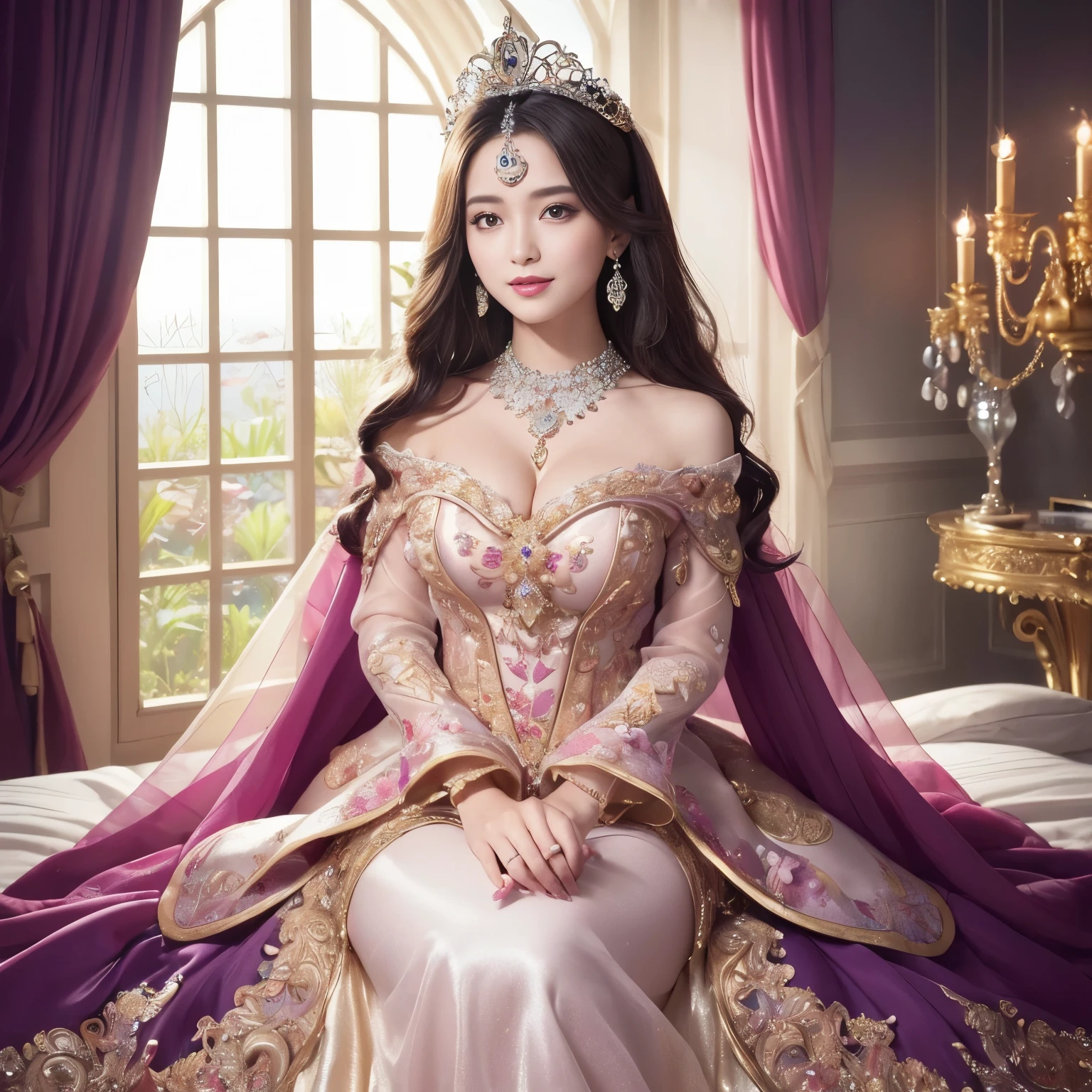 ((highest quality, pieces fly, ultra high resolution、the most complex and detailed depiction))、the most gorgeous princess、The most luxurious and luxurious palace princess room、(The most extravagant and gorgeous princess costumes:1.2)、(Princess upper body photo:1.4)、(水槽の中の詳細でComplex描写:1.2)、(The window is the most extravagant and has become a huge aquarium.:1.5)、(A very intricate and detailed depiction of the most beautiful aquarium:1.2)、(Beautiful small many tropical fish swimming in the aquarium:1.2)、Beautiful fish swimming in the window、(perfect beautiful ornamental fish:1.3)、(A fantastic space based on purple and pink:1.2)、fantastic curtains、artistic curtain decoration、There are many beautiful corals and shells in the room.、(Sitting on a fantastic and huge top-of-the-line bed:1.2)、great decorative bed、large amount of jewelry decoration、A big smile looking at me、wavy hair、Complex、whole body jewelry decoration、the most gorgeous princess costume、the most luxurious decoration、Beautiful scales that shine in a very complex way、very finely drawn scales、huge top quality tiara、huge top quality necklace、Clear and detailed background、everything is so fantastic、All fantastic and sparkling backgrounds