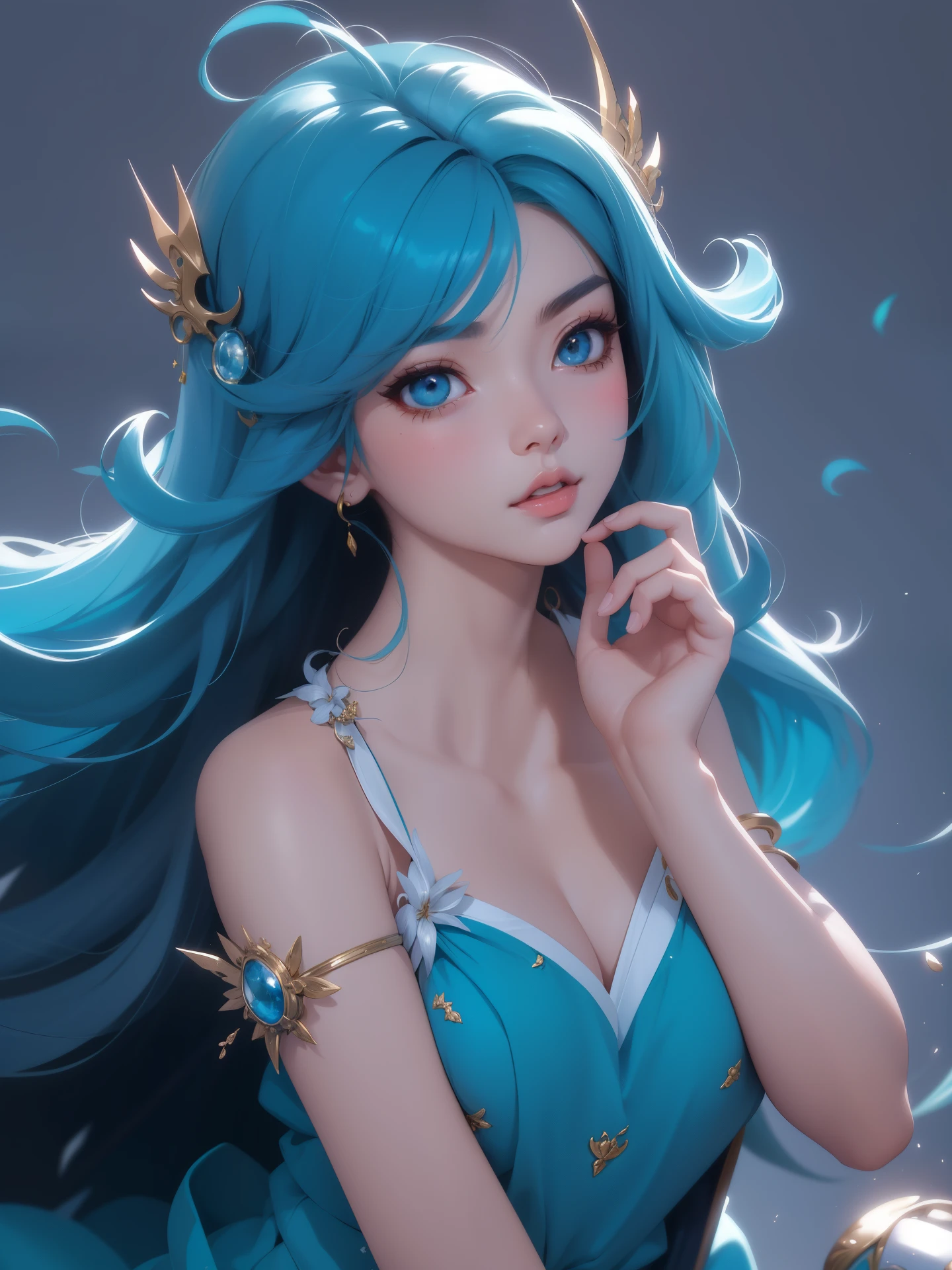 um close up de uma mulher com cabelos azuis e um tiable, Guweiz, artwork in the style of Guweiz, Modelo IG | artegerm, trending artegerm, extremely detailed artegerm, like artegerm, style artegerm, artegerm style, Garota anime com cabelo azul-petróleo, ! dream artegerm, Linda garota de anime