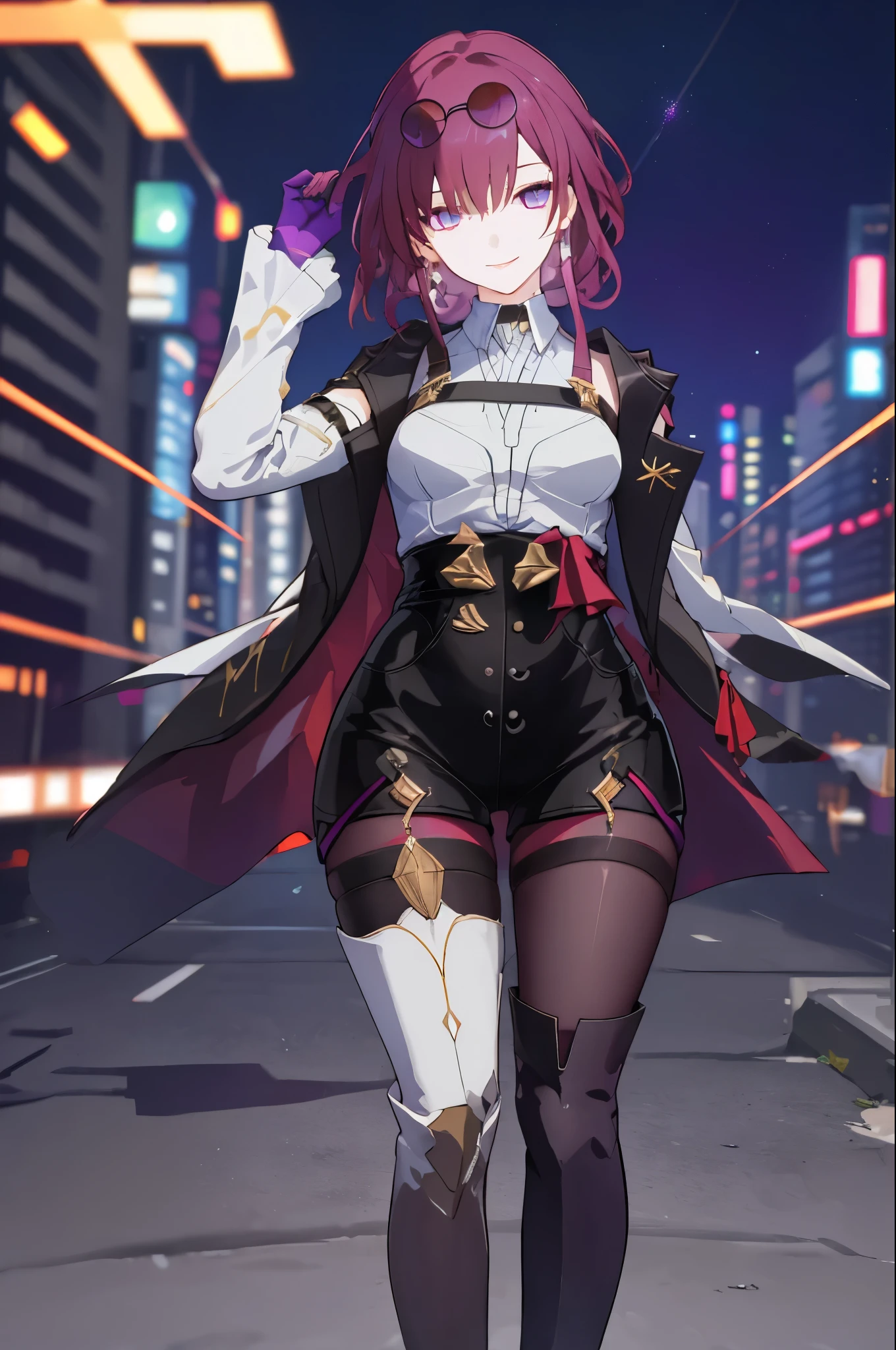{{Masterpiece, Best Quality, High Solution, Depth-Of-Field, Extremely Detailed CG, Unity 8k Wallpaper, Cinematic Lighting, Lens Flare}} Maximum Clarity And Sharpness, Multi-Layered Textures,
1girl, official, purple eyes, empty eyes, eyewear on head, black jacket, jacket on shoulders, shirt, pantyhose, boots, smile, standing, looking at viewer,
tokyo(city), night, small waist, high hips, legs clamped