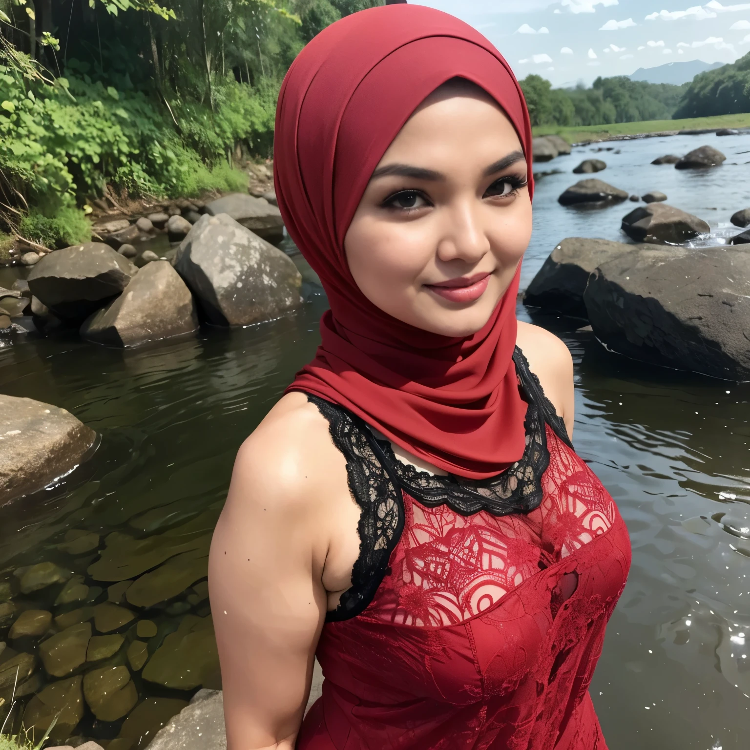 (Red Dark Hijab) Siti Nurhaliza 55-Years-Old, (lace TANK top at river)