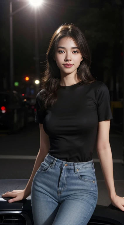 10, Masterpiece, RAW image, best quality, photorealistic, extremely detailed cg unity 8k wallpaper, depth of field, movie theater light, lens flare, Ray tracing, (very beautiful face..... , beautiful lips, beautiful eyes), complex facial details, ((ultra-detailed skin)) 1 girl, in the dark, deep shadow, beautiful girl, (The body is very slender. :1.3), ((looking at the audience)),(Big smile:1.3), Clear eyes, front shot, (pale skin), (Look very far ahead. , (upper body shot), (Brown cooked for the audience.......:1.3), Very thin, Medium bust, thick thighs, Sphincter stockings, city scenery,(Random clothes: t-shirt,jeans, Short legs, Long legs), (Random environment,road,Car,nighttime,), (environment,USA)