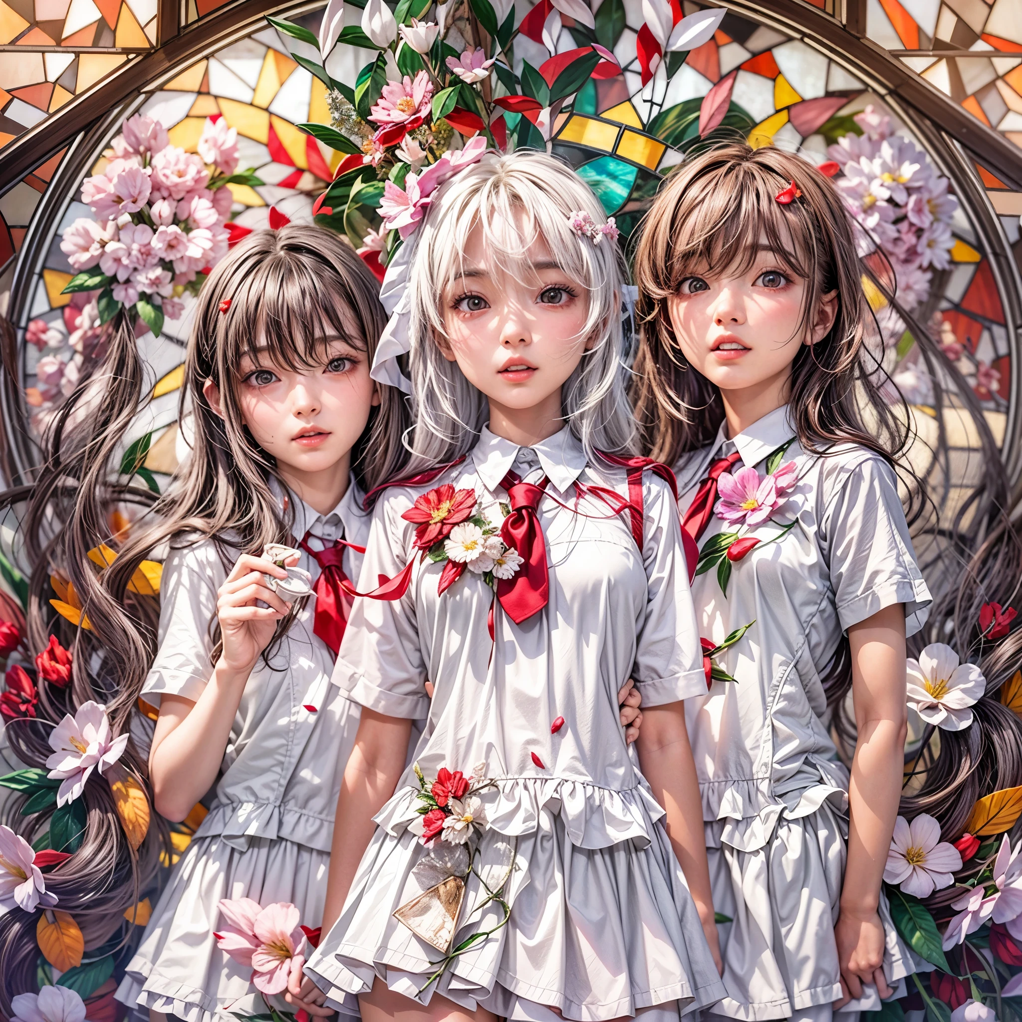 (White and Red, Acutance:0.8), Masterpiece, (physically-based rendering with ultra-detailed, (realistic and (photorealistic:1.37) with touch of rawness)). A group of KAWAII girls in opened school uniform without brassiere . ((extremely detailed KAWAII face variations) with joyful expressions), { Navel | pretty Ass | Overflowing underboob | (White panties) with blood only in crotch area | (full of Flowers covering girl's body) | (Dazzling colorful stained glass with delicate details:1.2) } . (Exposed:1.2), ((nipple:-0.9)), (not Detailed fingers:-0.9) .