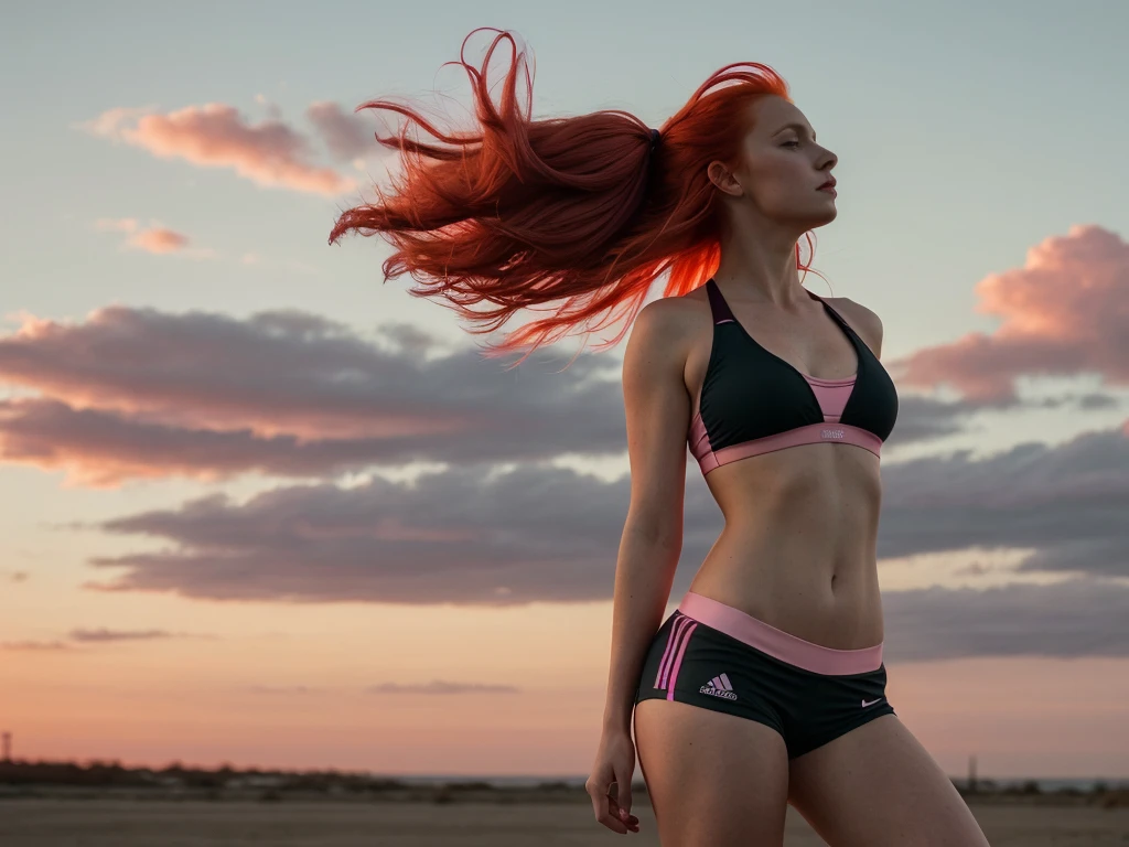 a photograph of a redhead woman with windswept tresses, pink hair entangled like flames against a twilight sky, emanating untamed beauty, sport wear, sport pant,