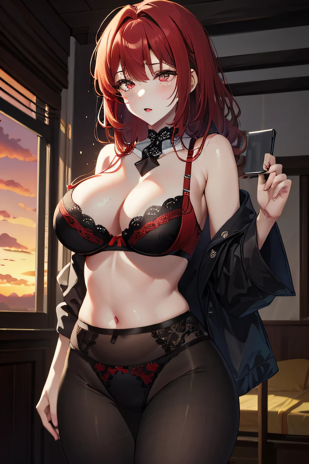 1 woman, mature, (brush), (ahegao), massive chest, lace panties, seductive, glamorous, soft light, engaging expression, light background, beautiful sunset. red hair, tights, black underwear, (black bra:1.1),(black panties:1.1),(red bob hair:1.1), red pupils, (cowboy shot)