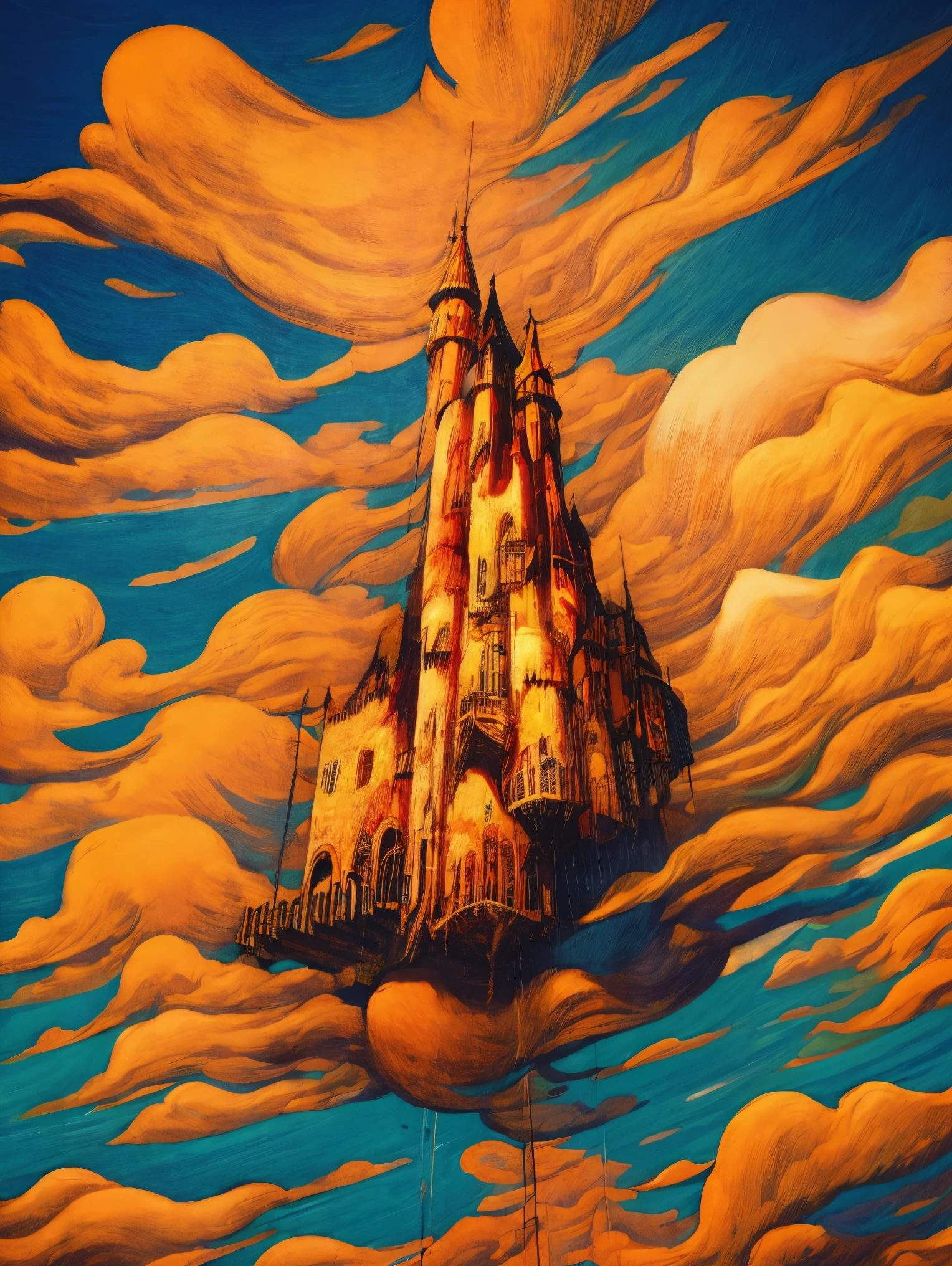 ((A vast world above the clouds:1.2)), (A large and magnificent castle in the center), A castle town in front of the castle, Airships flying around the castle, during daytime, The sky  clear,