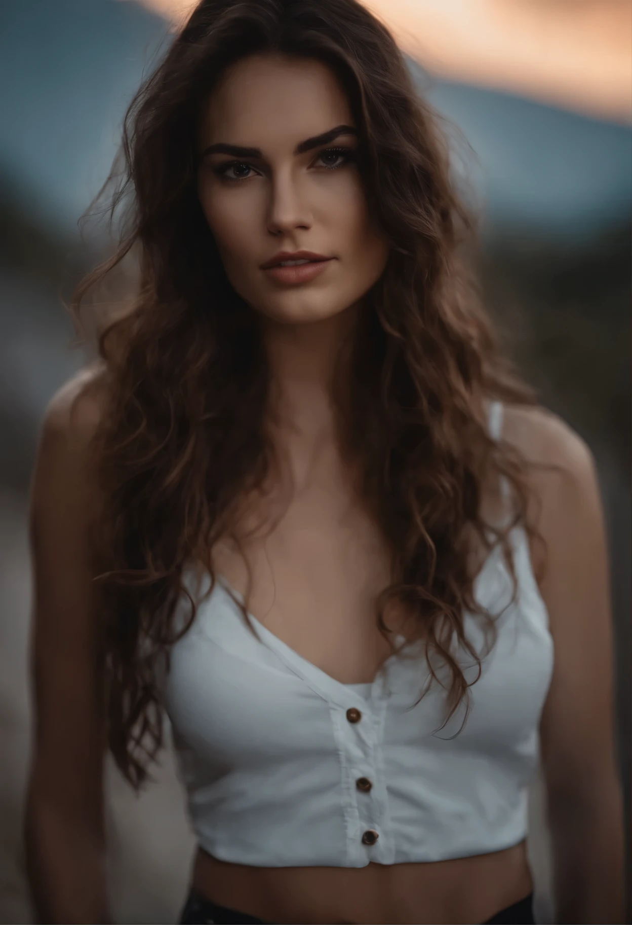 photo of a 25-year-old European girl, RAW, beautiful woman, ( long wavy dark hair), medium big breast , ((portrait)), ((detailed face: 1.2)), ((detailed facial featureinely detailed skin), pale skin, highly detailed deep neckline tight leather shorts with white top , megacity environment, (cool colors), damp, damp, reflectionasterpiece) (perfect proportion)(realistic photo)(best quality) (detailed) photographed on a Canon EOS R5, 50mm lens, F/2.8, HDR, (8k) (wallpaper) (cinematic lighting) (dramatic lighting) (sharp focus) (intricate) , face with kiss blowing ,