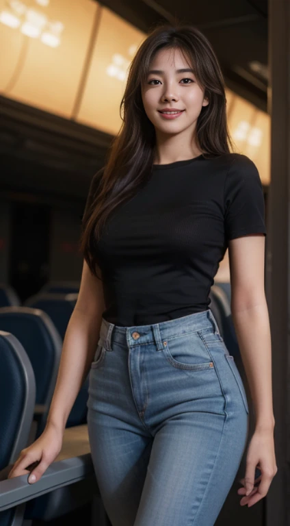 10, Masterpiece, RAW image, best quality, photorealistic, Very detailed CG Unity 8K wallpaper, depth of field, movie theater light, lens flare, Ray tracing, (very beautiful face..... , beautiful lips, beautiful eyes), complex facial details, ((ultra-detailed skin)) 1 girl, in the dark, deep shadow, beautiful girl, (The body is very slender. :1.3), ((looking at the audience)),(Big smile:1.3), Clear eyes, front shot, (pale skin), (Look very far ahead. , (upper body shot), (Brown cooked for the audience.......:1.3), Very thin, Medium bust, thick thighs, Drawstring stockings, city scenery,(Random clothes: t-shirt,Jeans, Short legs, Long legs), (Random environmentในห้องโดยสารairplane,), (environment,airplane)