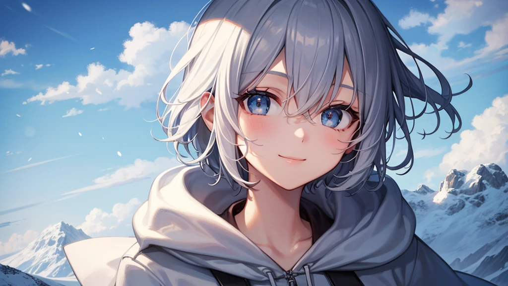 super high quality, girl, 20-year-old, とてもshort hair, long bangs between the eyes, very detailed,(masterpiece、highest quality)、alone、gray hair、White skin as clear as snow、fantasy, silver hair, gray eyes, beautiful eyes,、short hair,blue sky , sunlight,fantasyな風景,smile、white hoodie