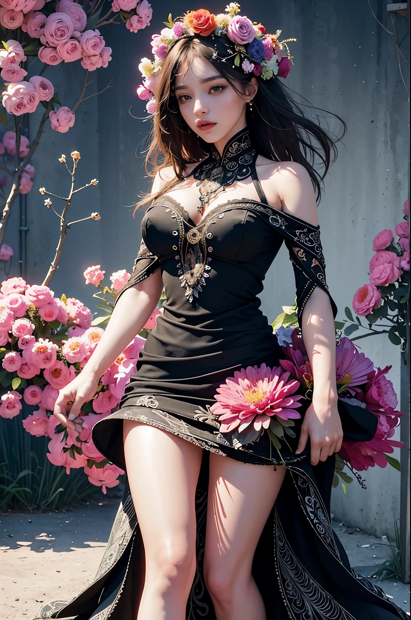 official art, unity 8k wallpaper, ultra detailed, beautiful and aesthetic, beautiful, masterpiece, best quality, (zentangle, mandala, tangle, entangle), (ecstasy of flower:1.2), dynamic angle, cowboyshot, the most beautiful form of beauty, elegant, a brutalist designed, vivid colours, romanticism, atmospheric, (beautiful girl), ((dress: 1.5))
