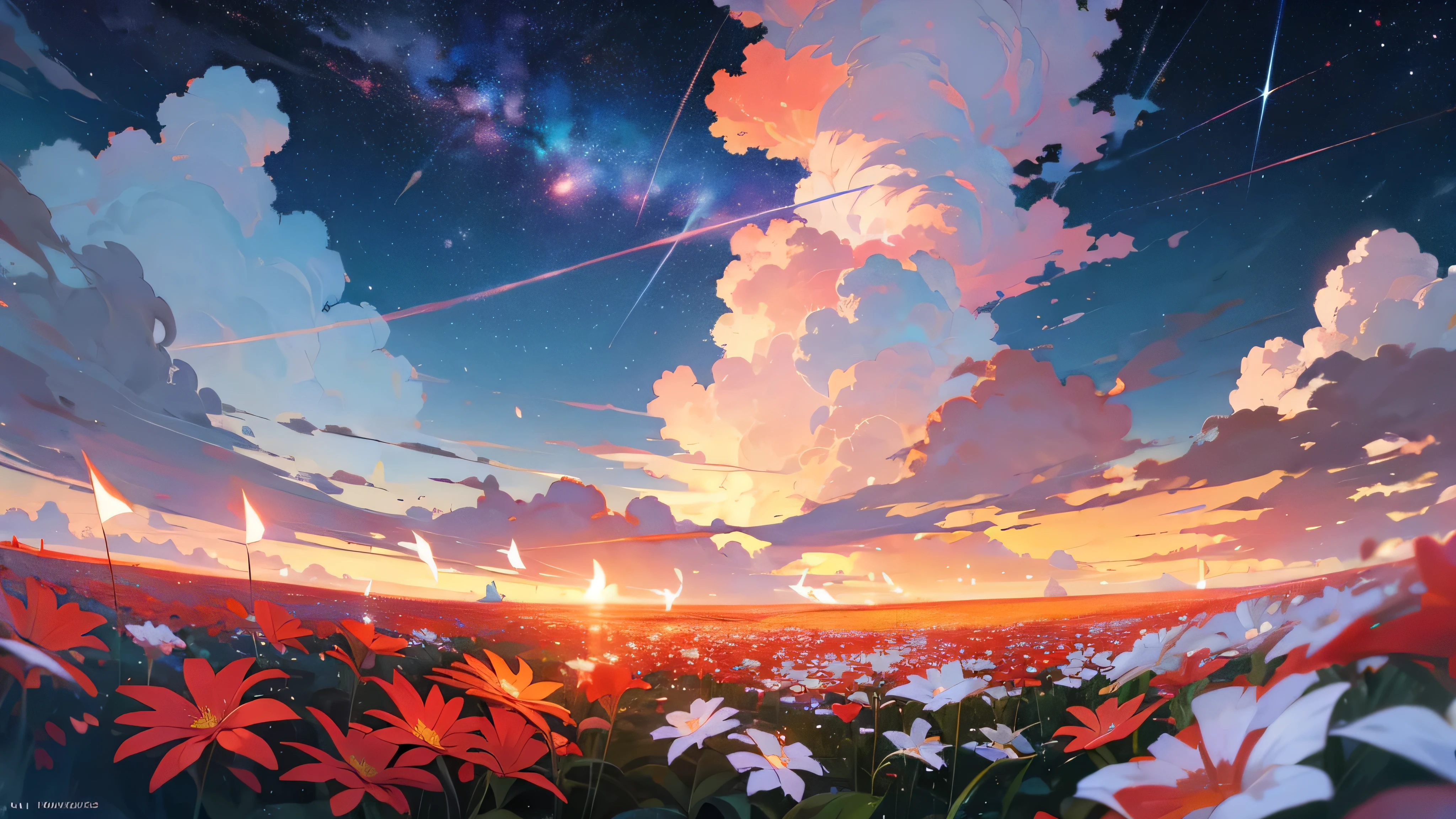 dusk,Sky,universe,flower field,Sea of flowerireworks,summer festival,Natural light,quiet afternoon,red and white flowerlowers,Various flowers,starry sky ,Sky,clouds
