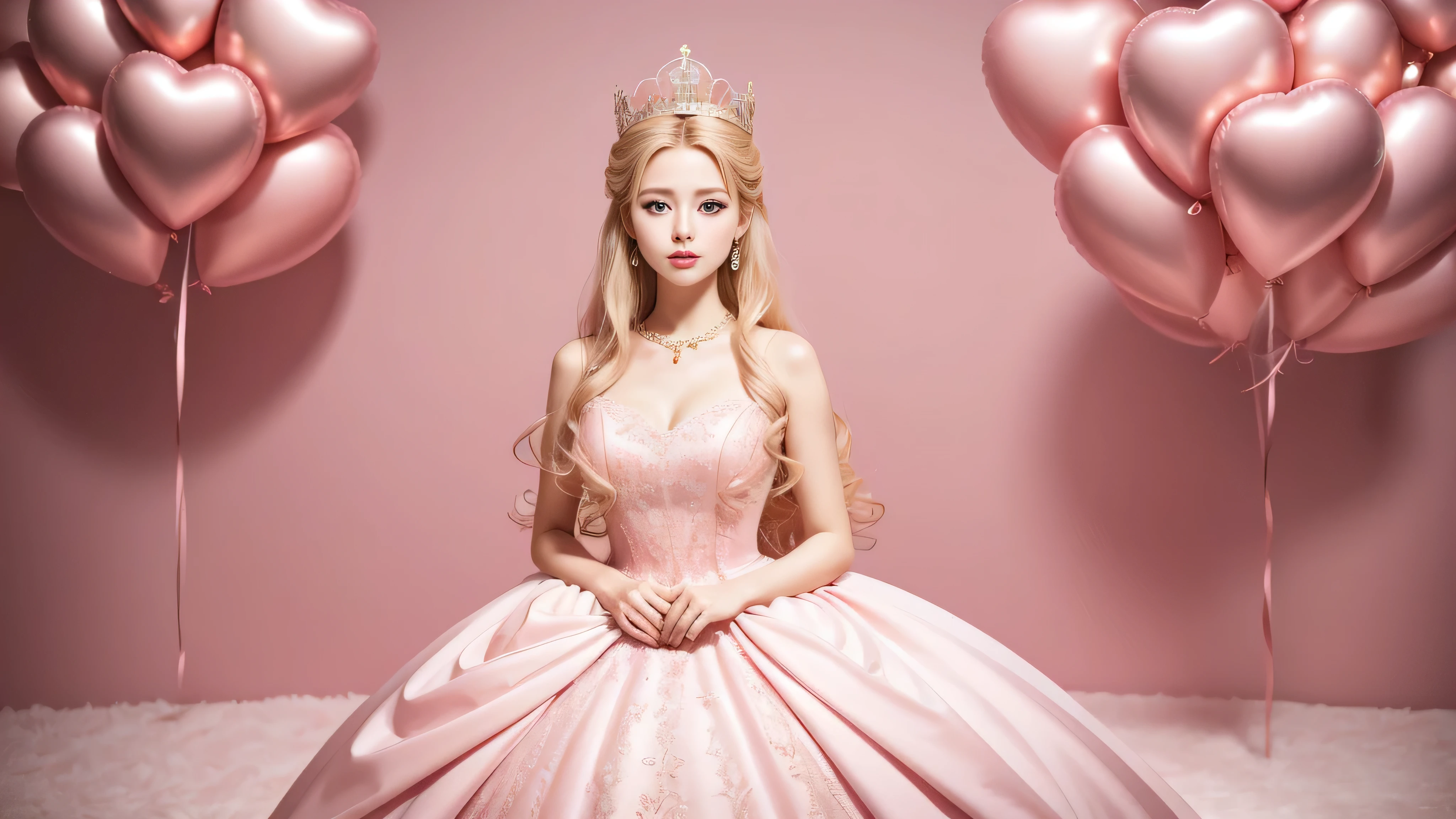 Princess Barbie in a beautiful pink light dress., Wear a beautiful crown, Interior photograph of the monumental labyrinth, inflated pink balloons, art installation by Martin Creed, ((full body shot)), pink background, gentle face, White skin, delicate facial features, perfect facial features, Look with soft hair, Delicate eye image, 8K image quality, Feeling the atmosphere, top quality, masterpiece, extreme detail, a high resolution, blurred foreground, corner, High quality, masterpiece, Best quality
