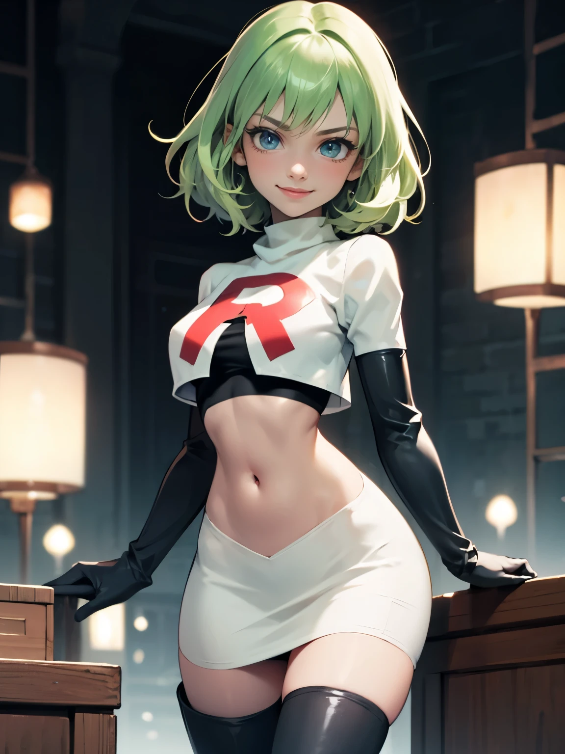 fembyleth, very short hair, light green hair ,glossy lips ,team rocket uniform, red letter R, white skirt,white crop top,black thigh-high boots, black elbow gloves, evil smile, looking at viewer, cowboy shot