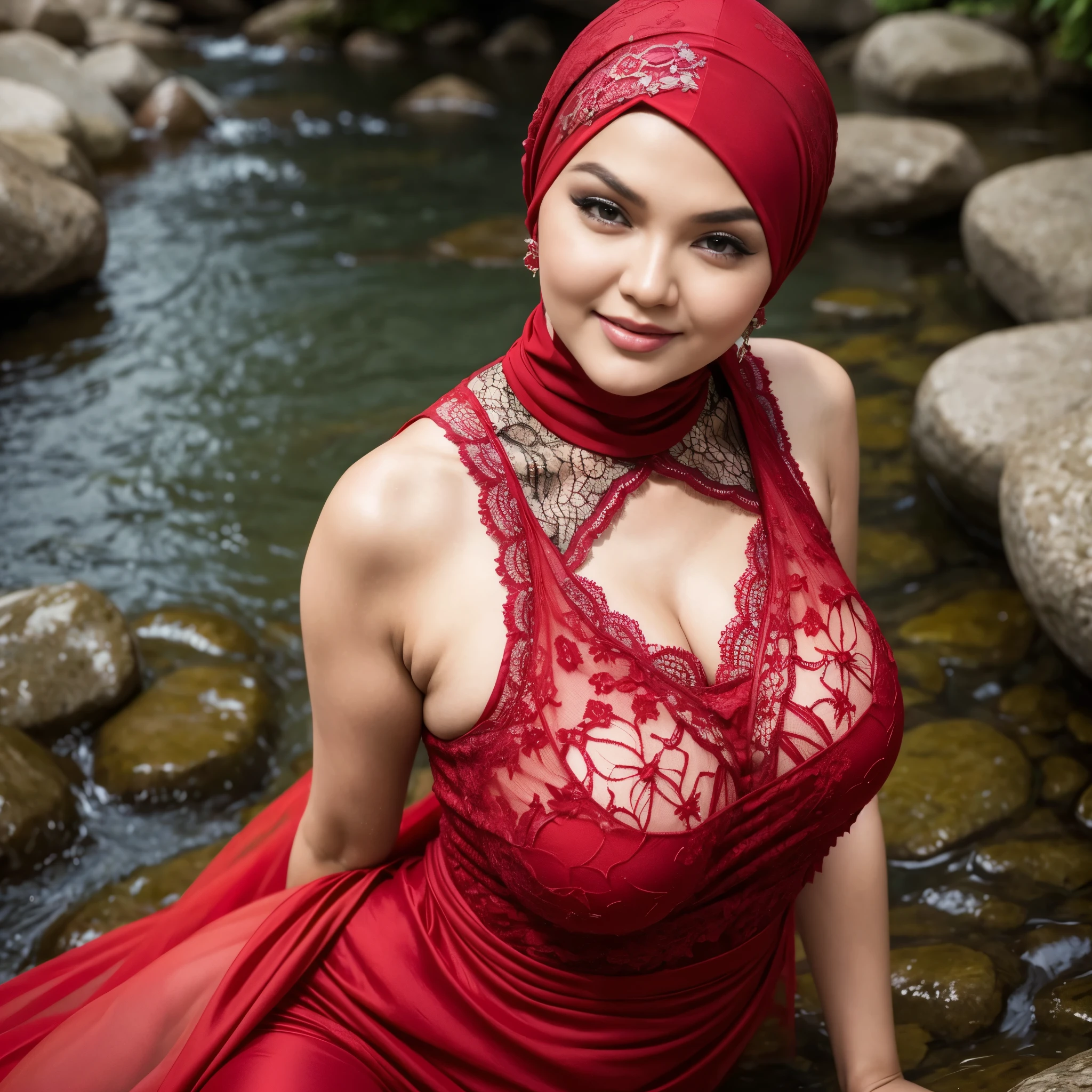 (Red Dark Hijab) Siti Nurhaliza Malaysian Actress 55-Years-Old, (lace TANK top at river)
