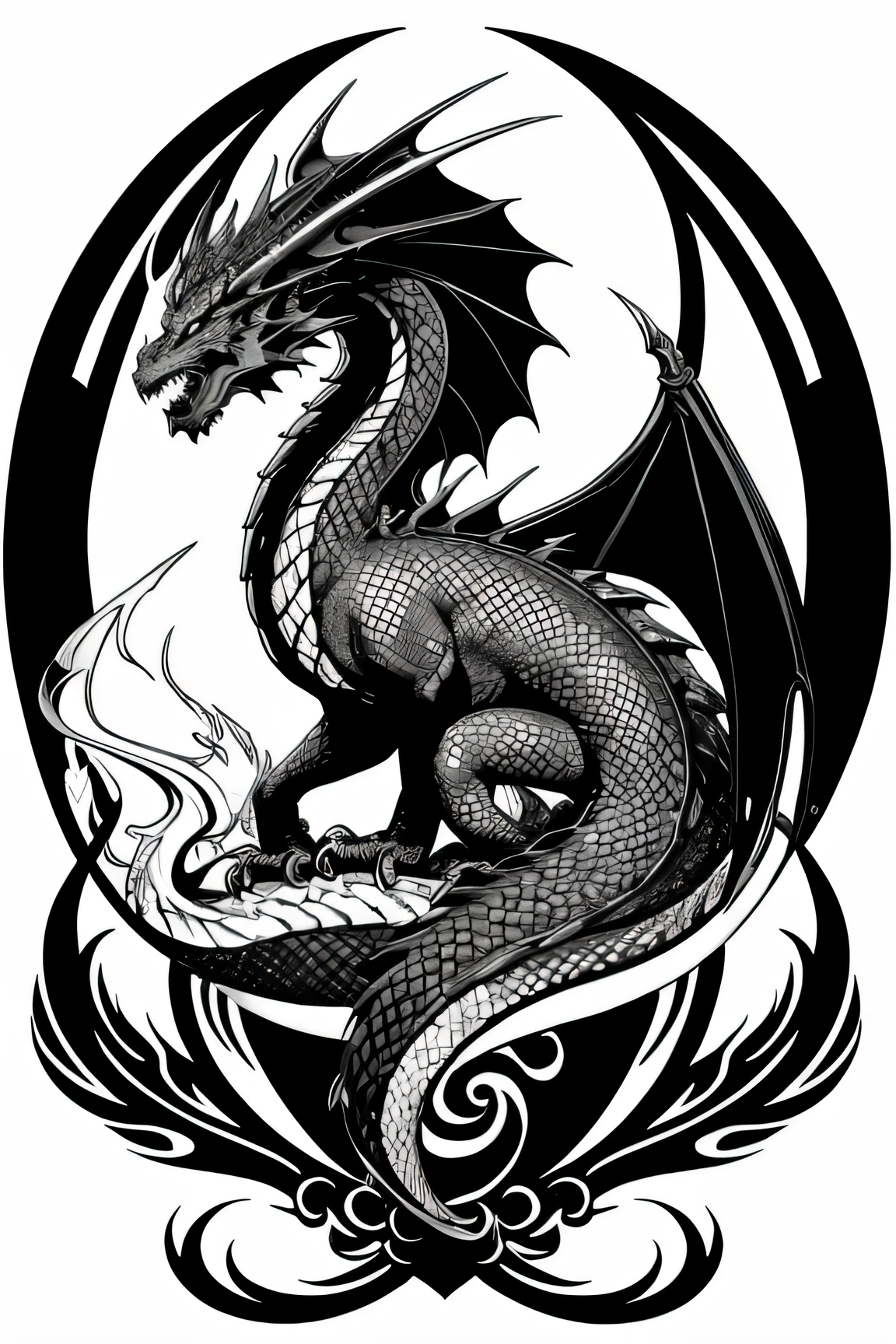 black and white logo beautiful dragon oriental . monochrome color in tattoo style 